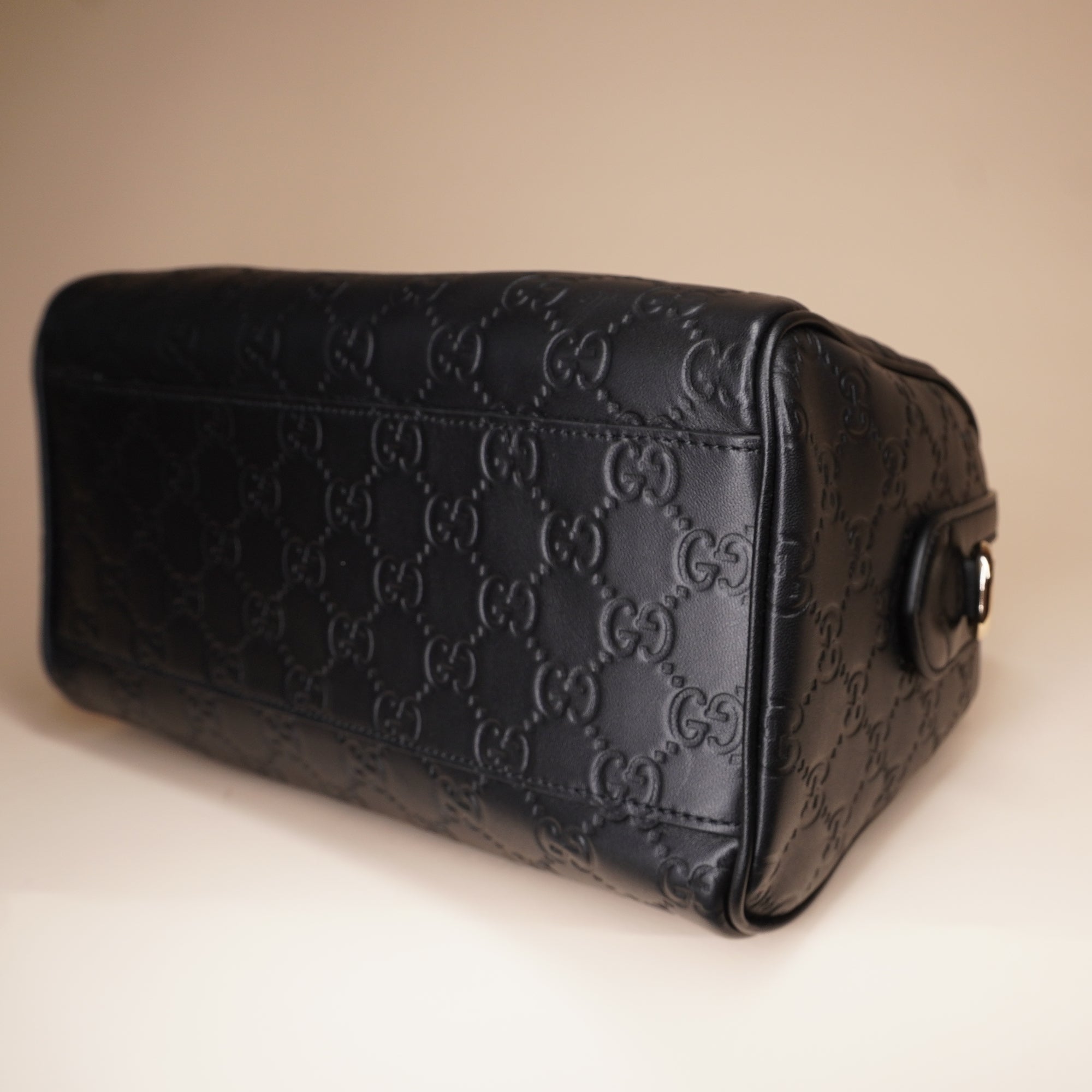 PRE-OWNED GG Grainy Calfskin Emblem Small Boston Bag Black