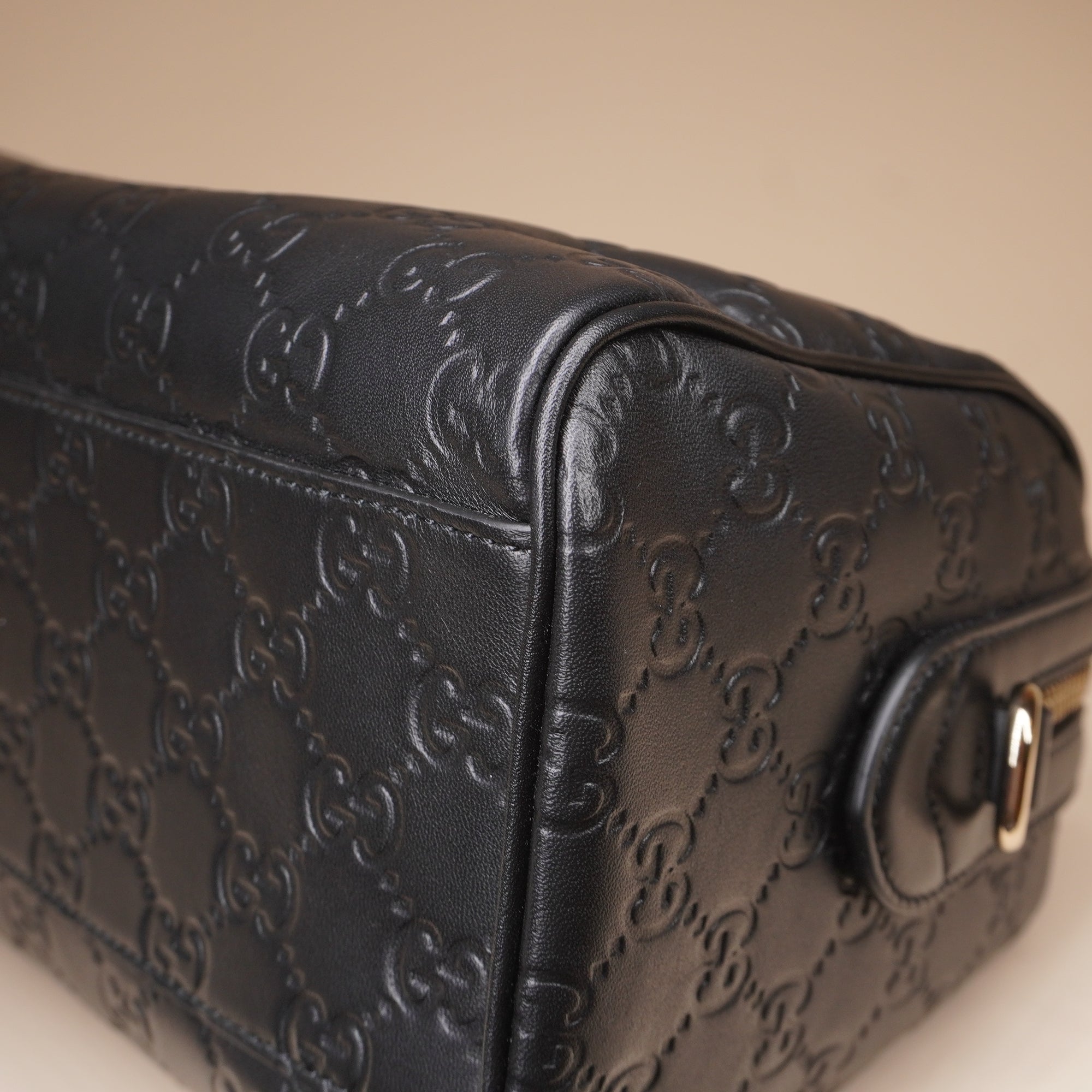PRE-OWNED GG Grainy Calfskin Emblem Small Boston Bag Black