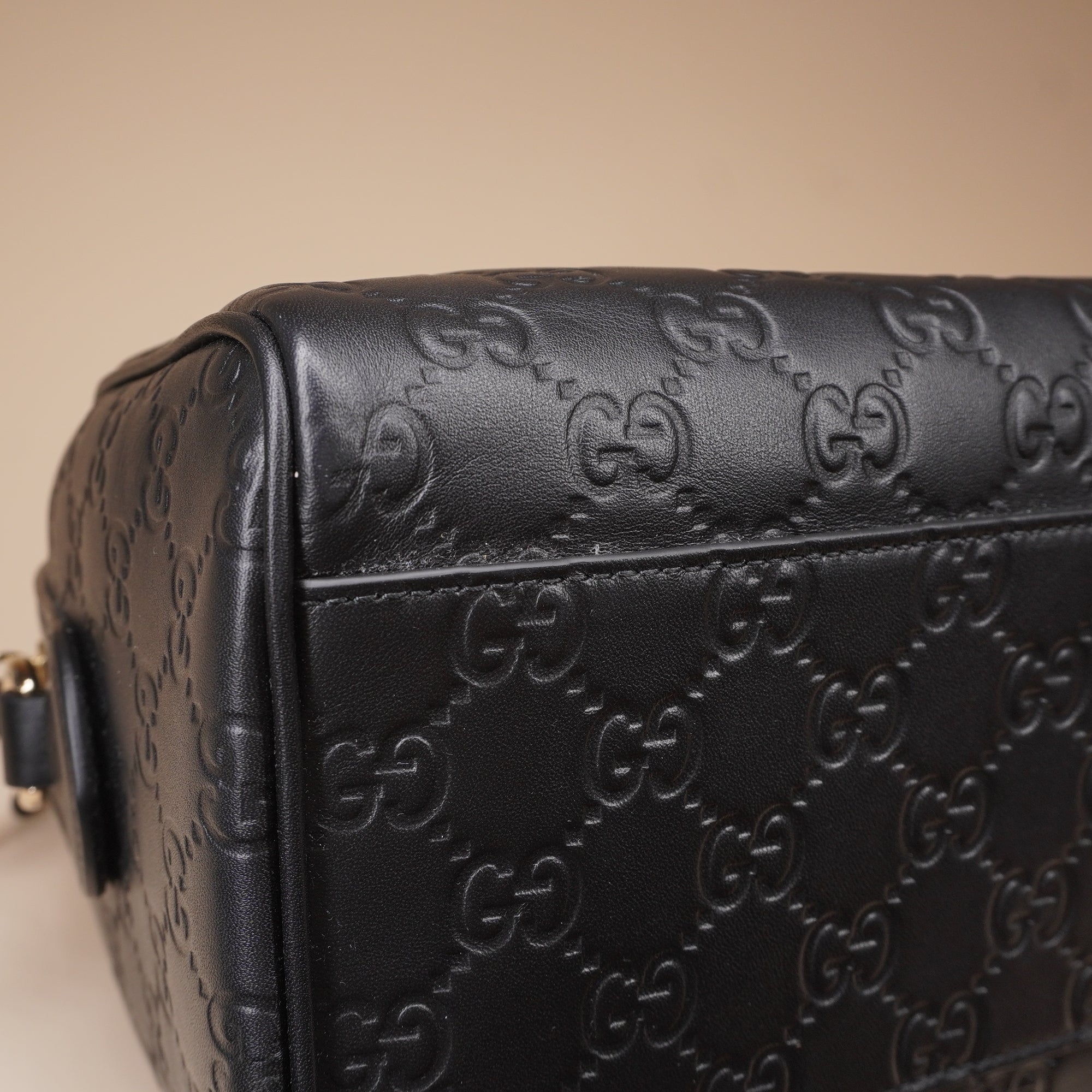 PRE-OWNED GG Grainy Calfskin Emblem Small Boston Bag Black