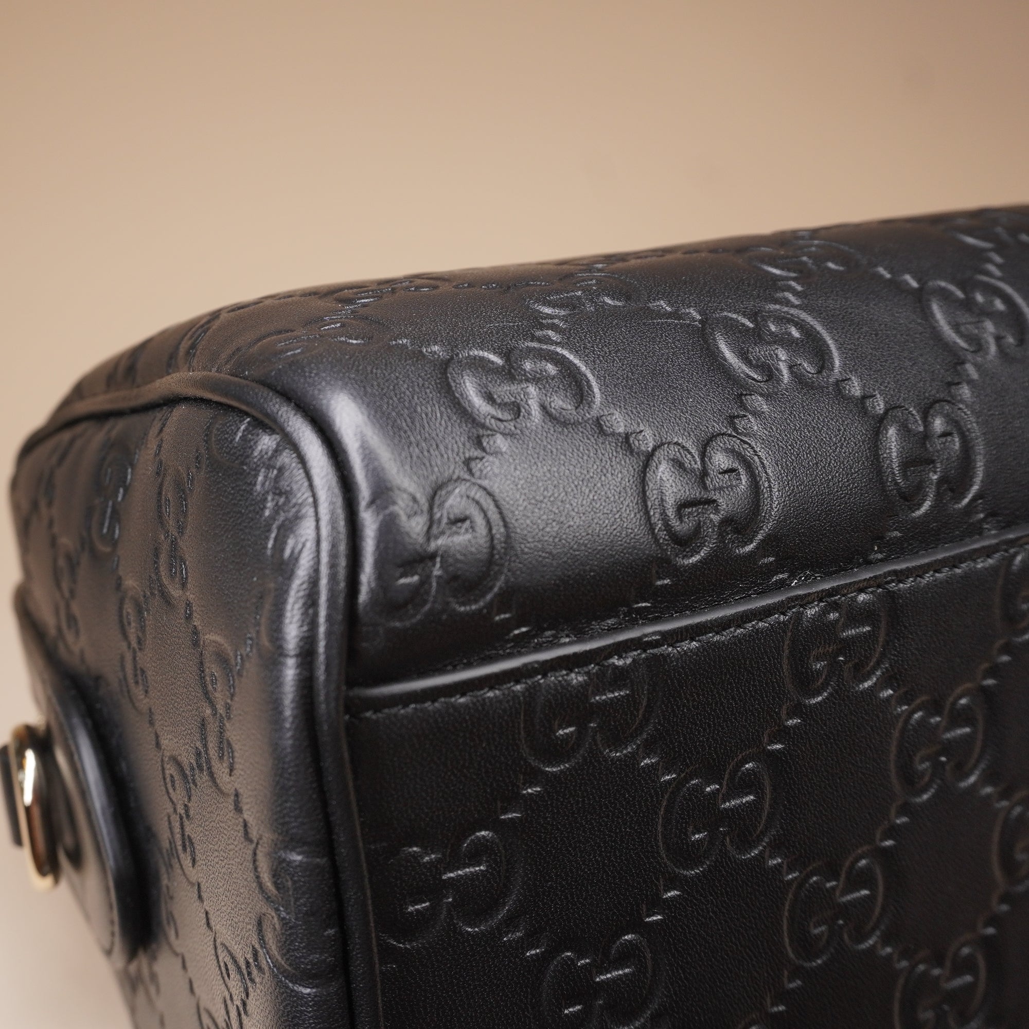 PRE-OWNED GG Grainy Calfskin Emblem Small Boston Bag Black