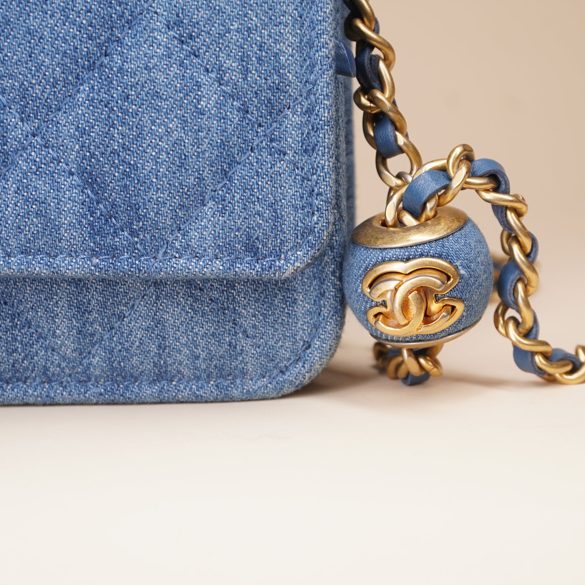 PRE-OWNED Denim Quilted CC Pearl Crush Wallet on Chain