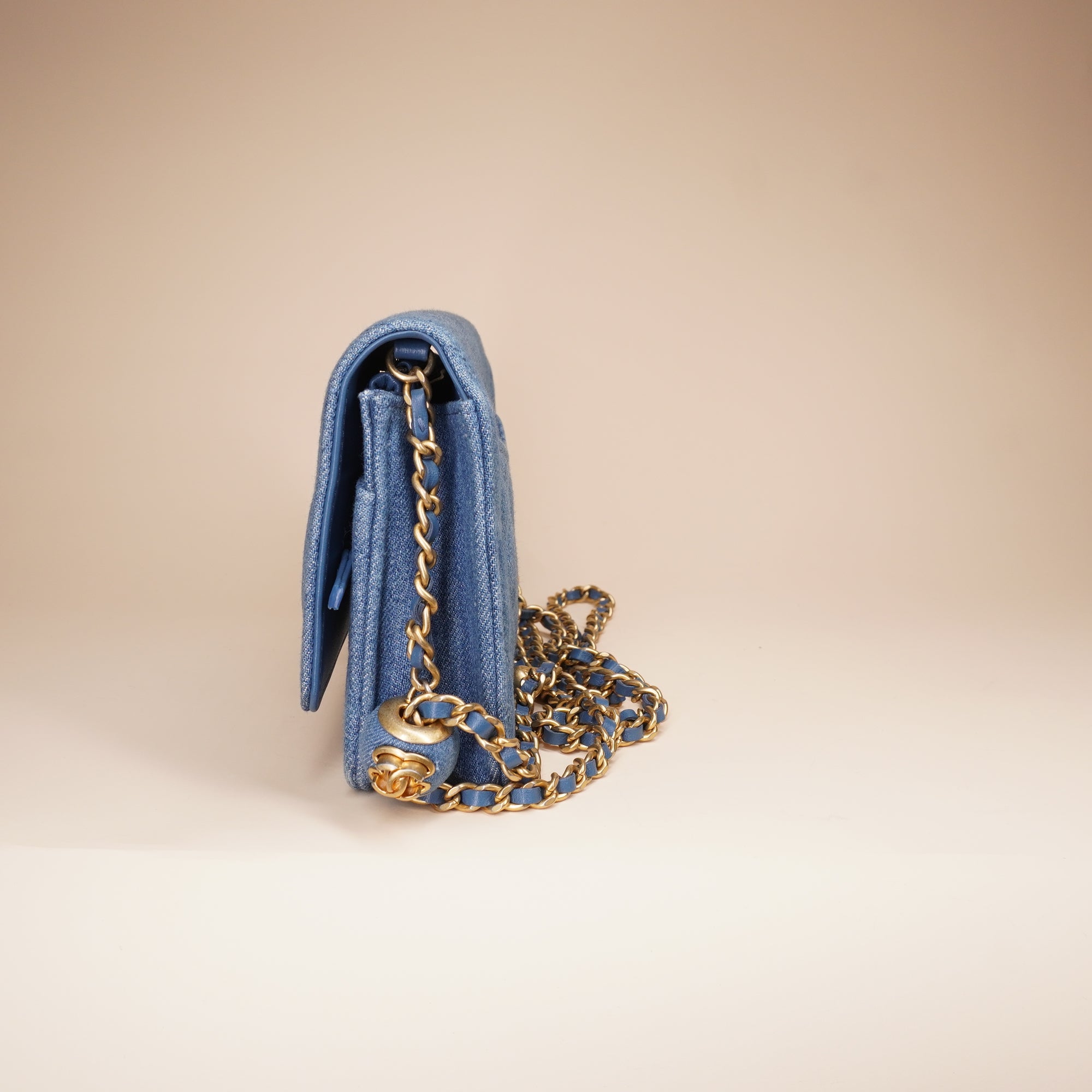 PRE-OWNED Denim Quilted CC Pearl Crush Wallet on Chain