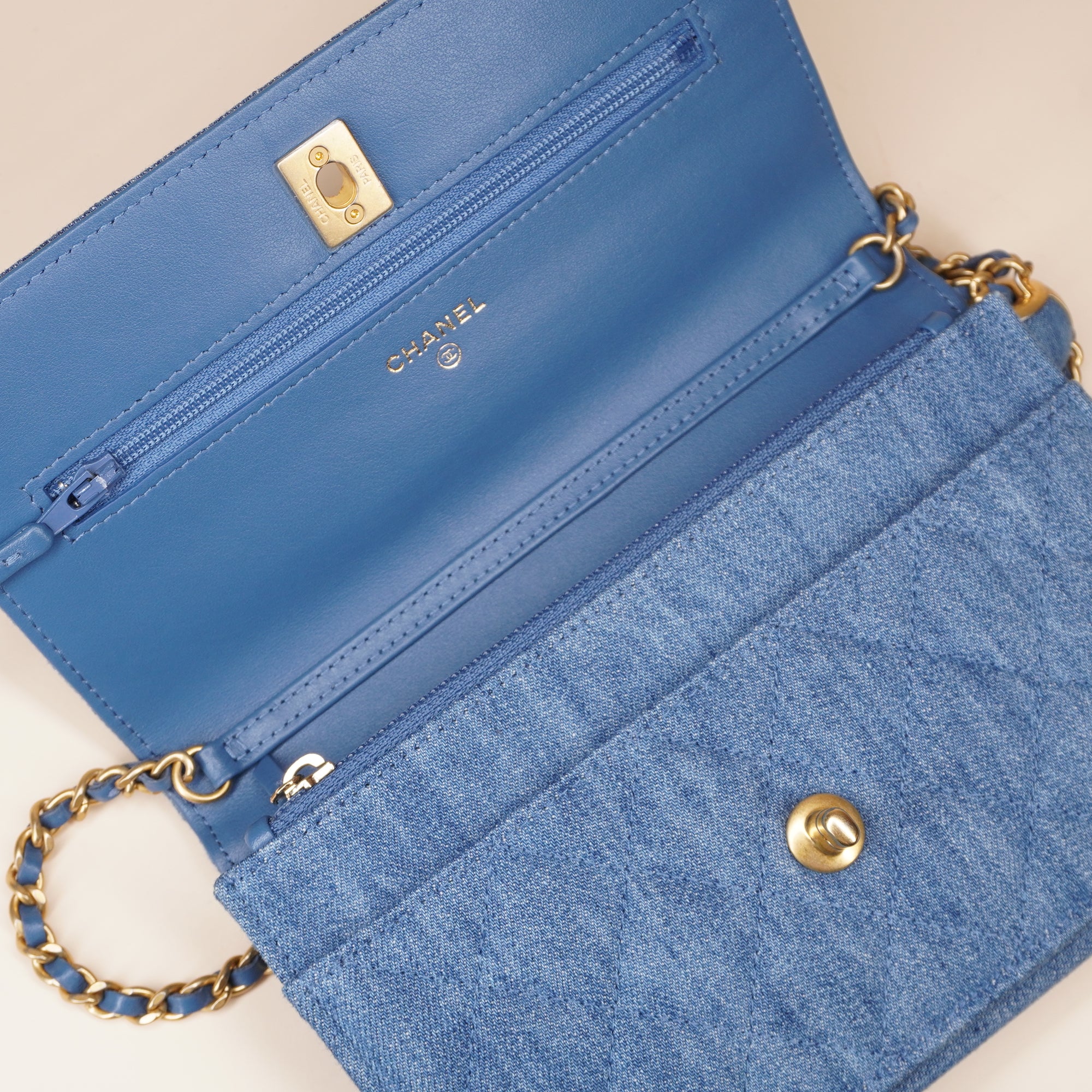 PRE-OWNED Denim Quilted CC Pearl Crush Wallet on Chain