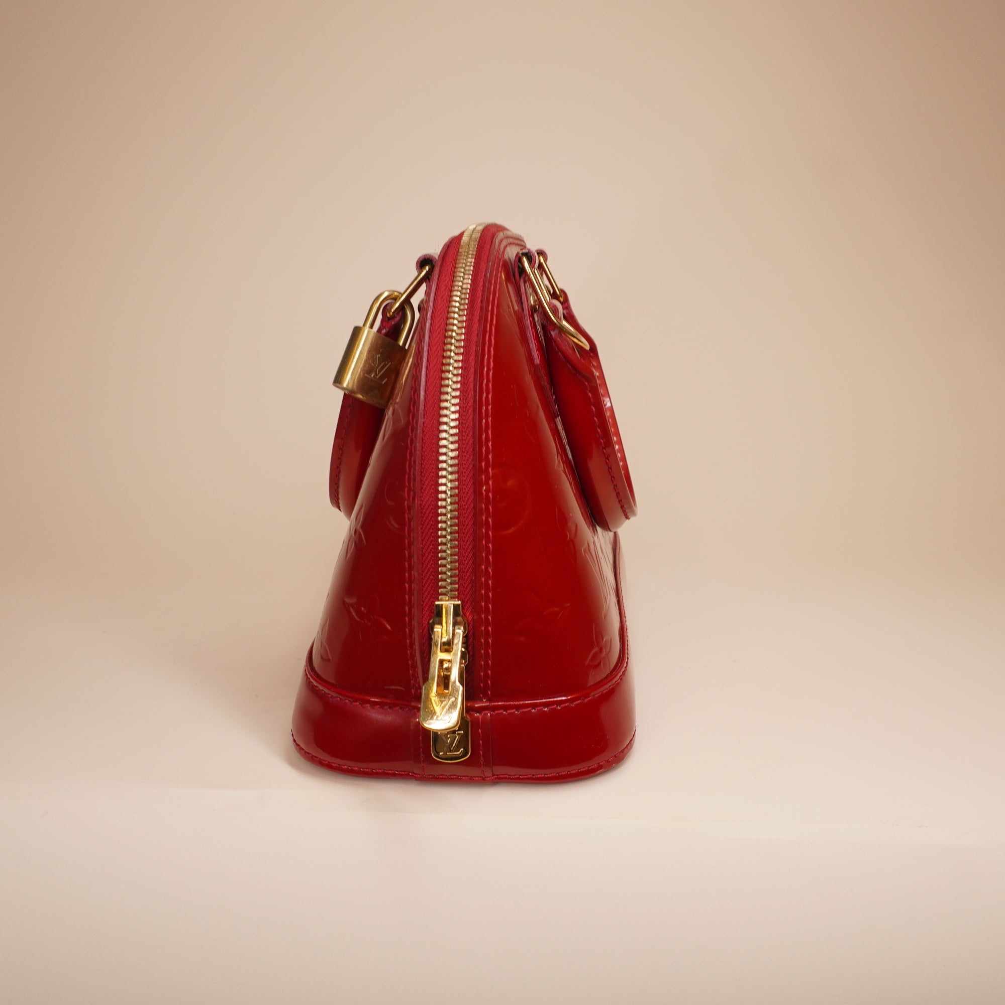 PRE-OWNED LV Red Monogram Vernis Alma BB Satchel