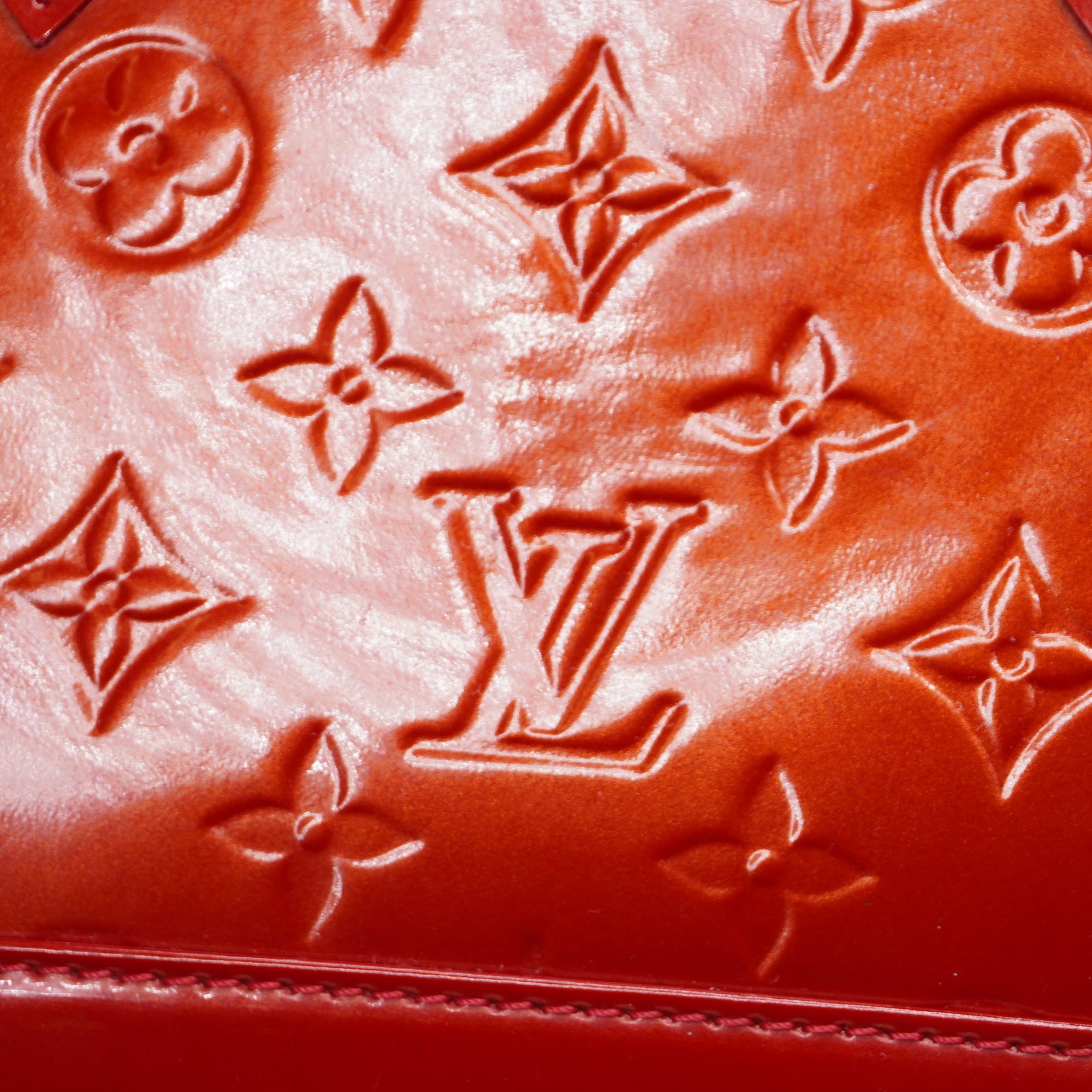 PRE-OWNED LV Red Monogram Vernis Alma BB Satchel