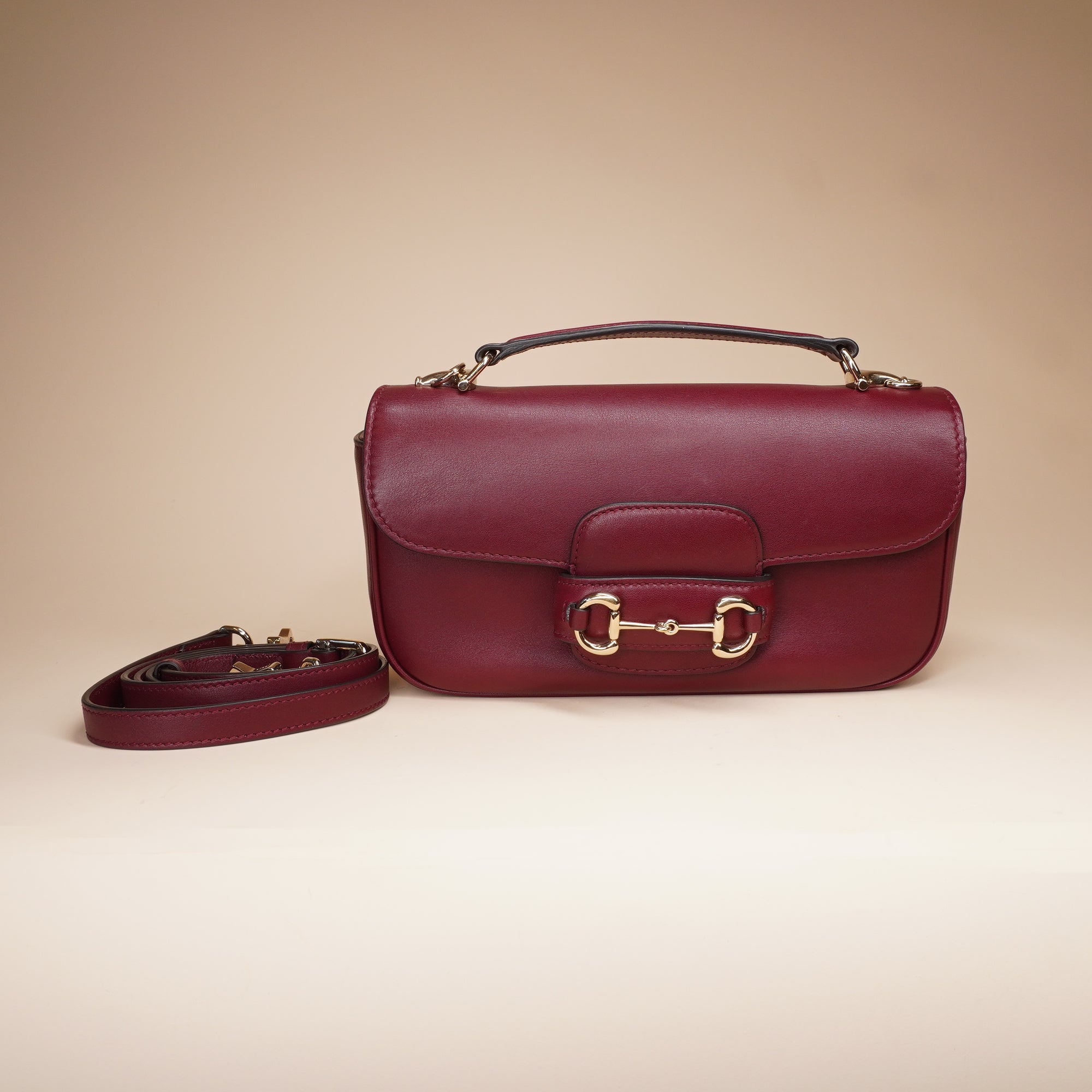 PRE-OWNED GG Soft Burgundy Calfskin Horsebit 1955 Small Shoulder Bag