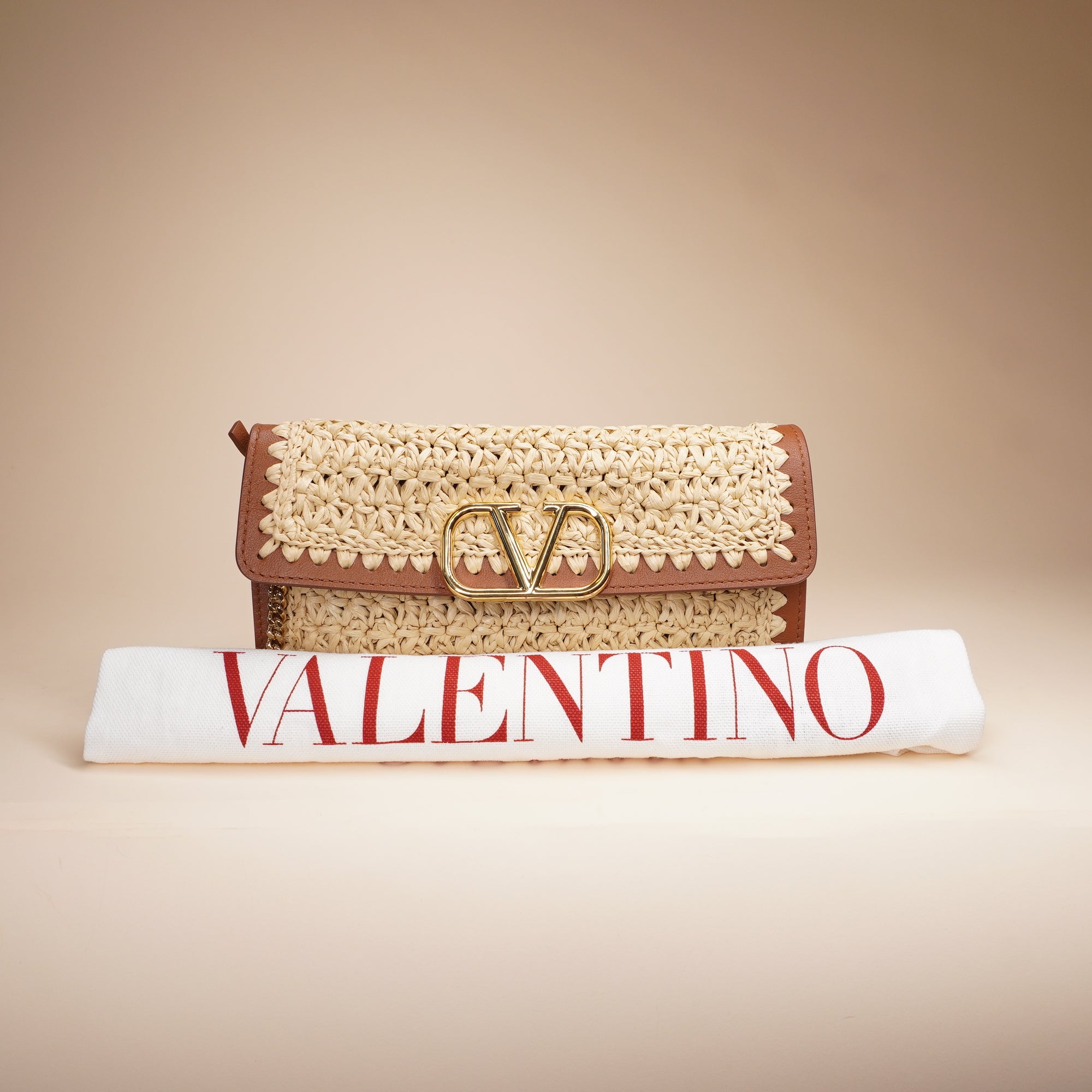 VALENTINO GARAVANI - Beige & Brown VLogo Signature Raffia Shoulder Bag
