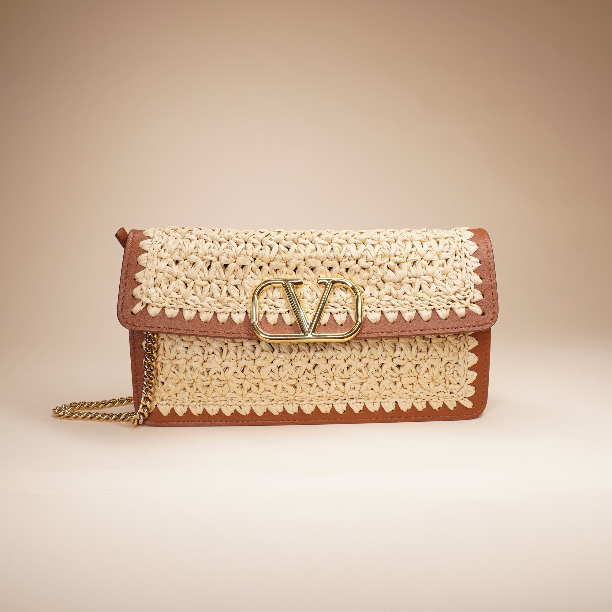 VALENTINO GARAVANI - Beige & Brown VLogo Signature Raffia Shoulder Bag