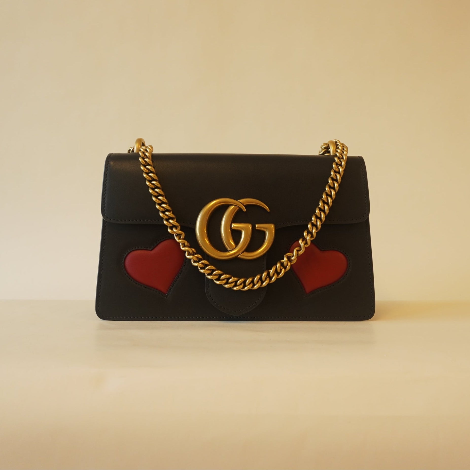 PRE-OWNED GG Black Knight Calfskin Malaga Kid Heart Medium Shoulder Bag