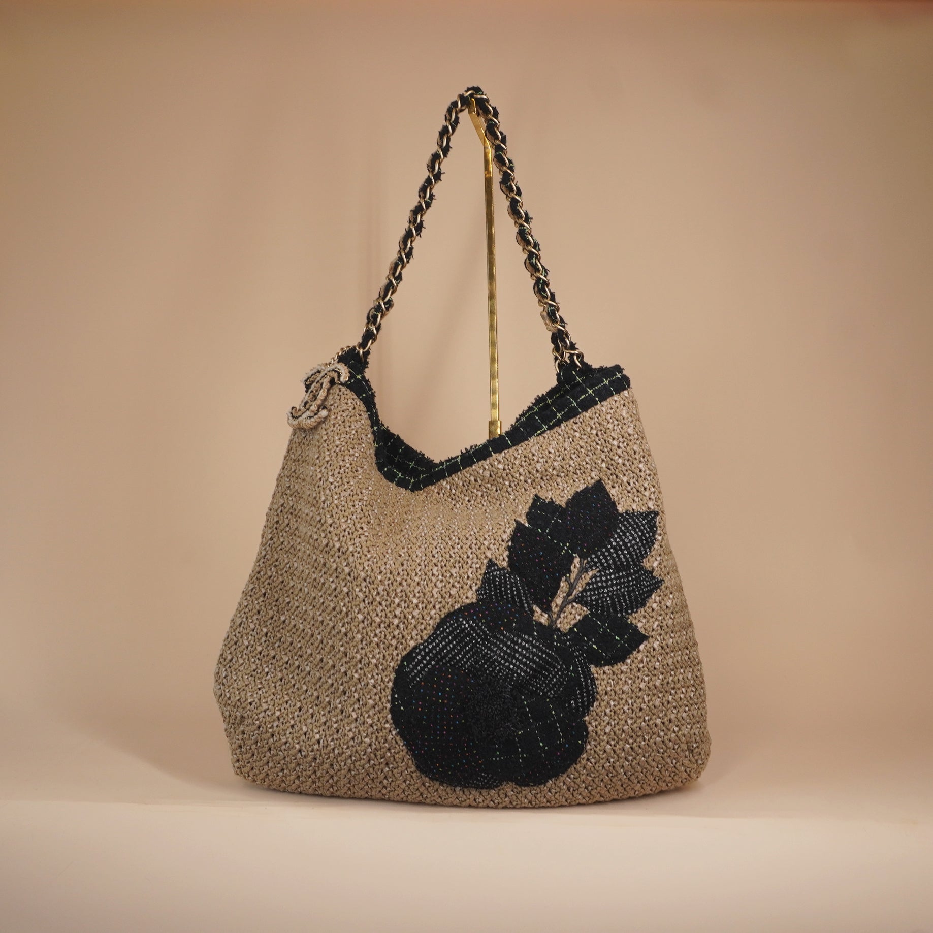 PRE-OWNED CC Tweed Woven Raffia Country Coco Camellia Hobo Bag