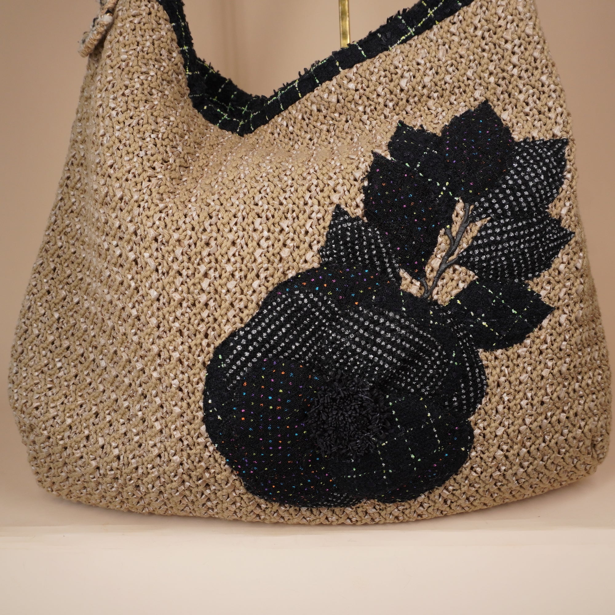 PRE-OWNED CC Tweed Woven Raffia Country Coco Camellia Hobo Bag