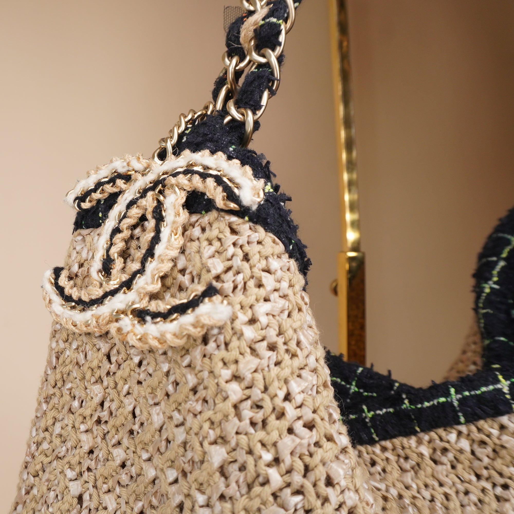 PRE-OWNED CC Tweed Woven Raffia Country Coco Camellia Hobo Bag
