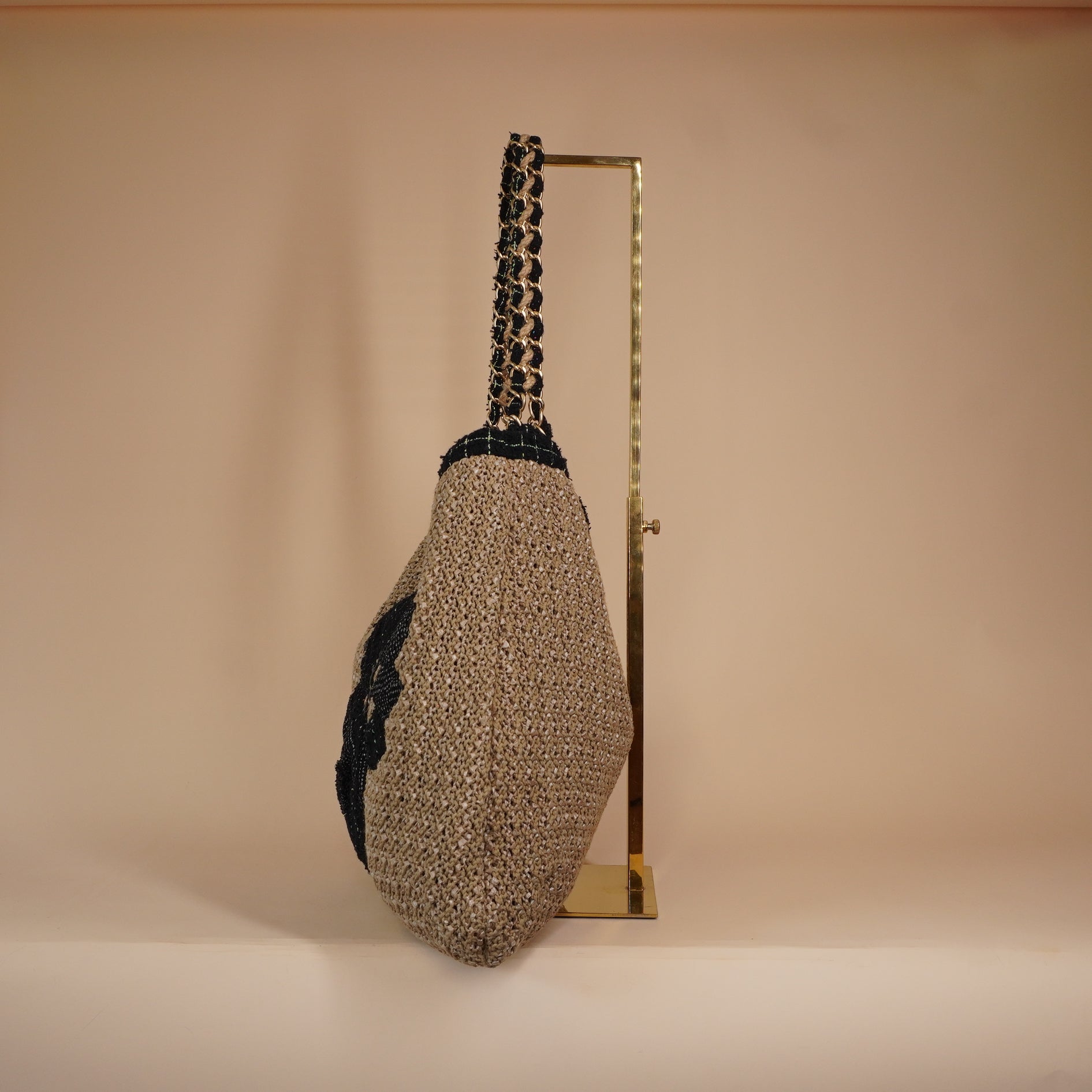 PRE-OWNED CC Tweed Woven Raffia Country Coco Camellia Hobo Bag