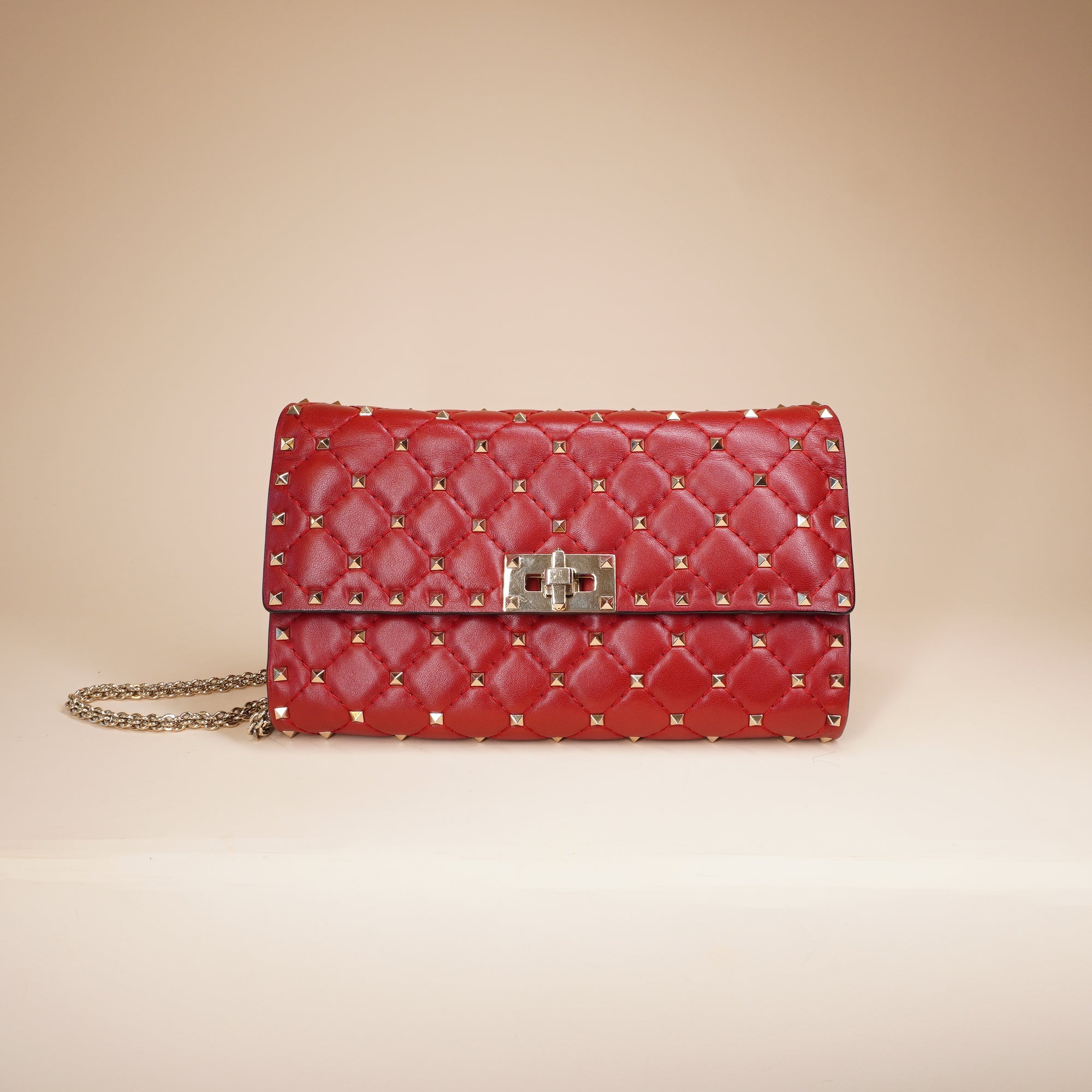 PRE-OWNED Nappa Medium Rockstud Spike Shoulder Bag Rosso