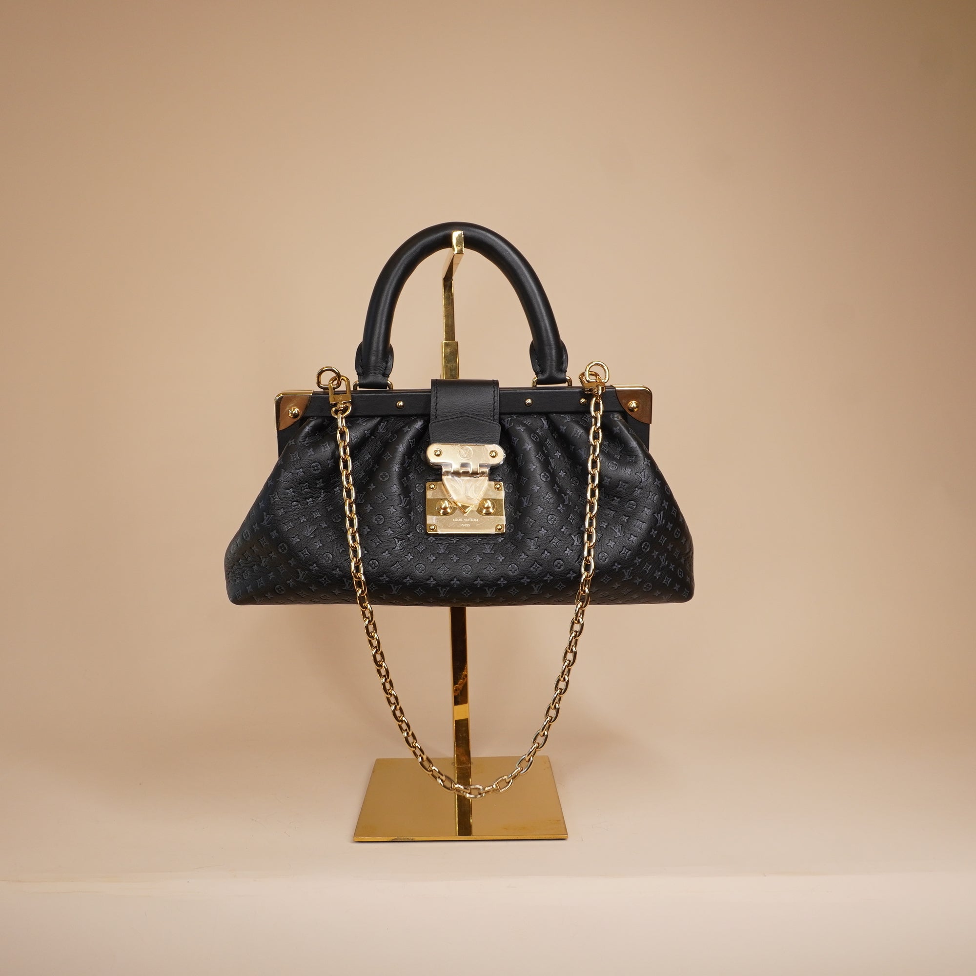 PRE-OWNED LV Calfskin Nanogram Embossed Black Clutch Bag