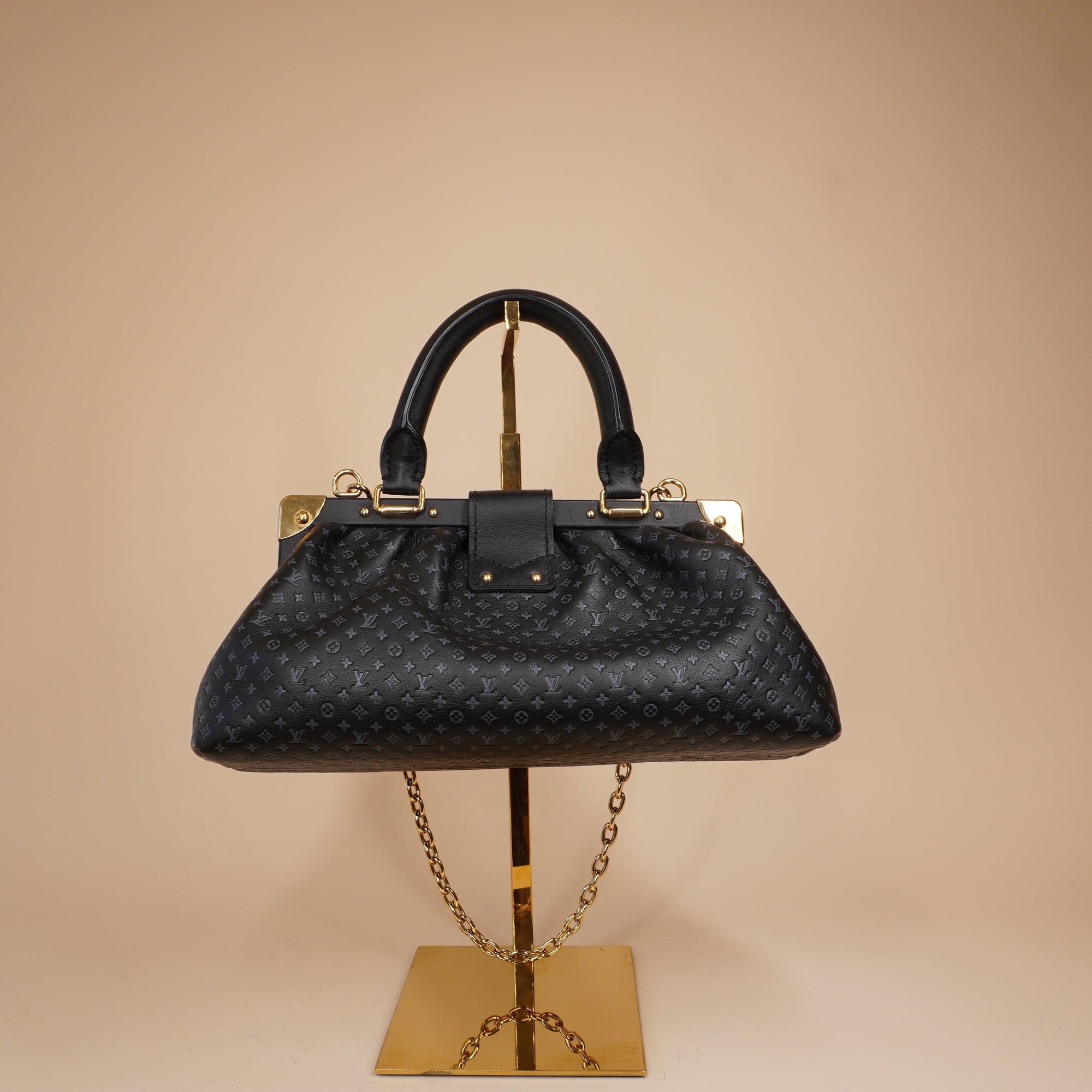 PRE-OWNED LV Calfskin Nanogram Embossed Black Clutch Bag