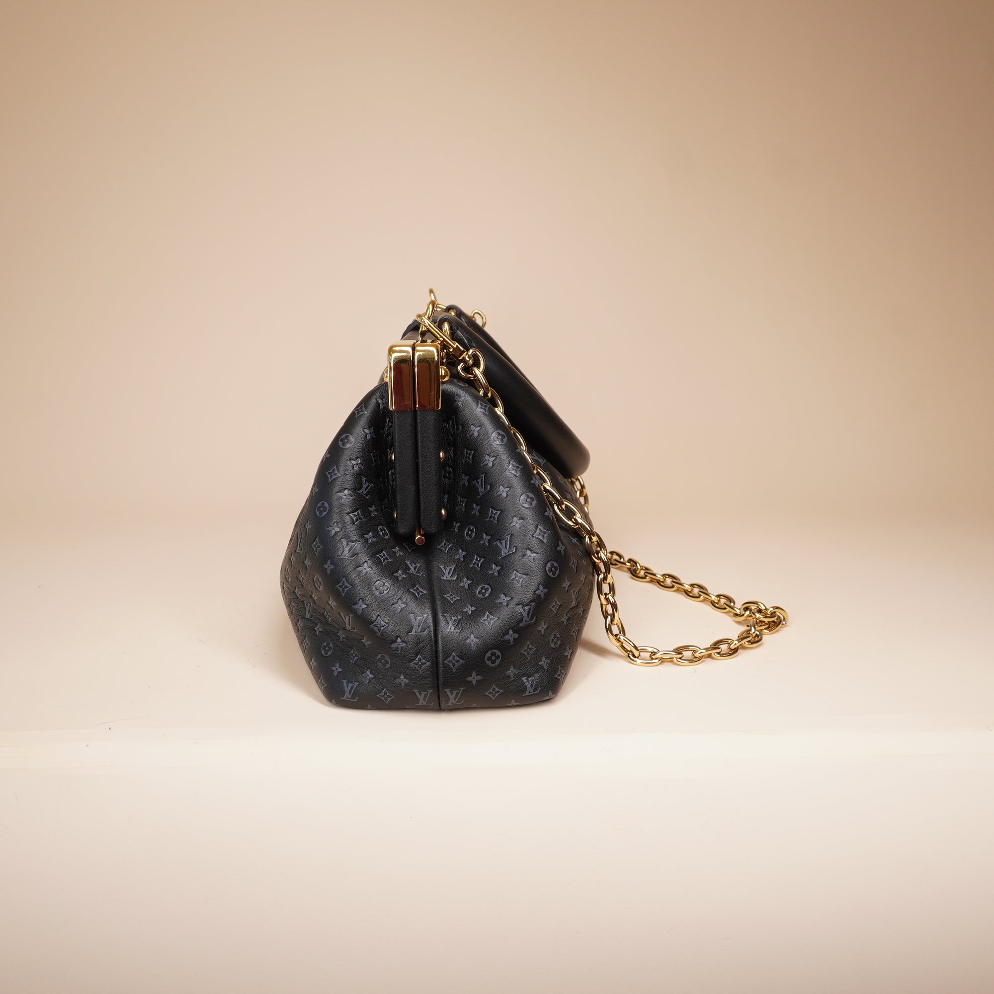 PRE-OWNED LV Calfskin Nanogram Embossed Black Clutch Bag