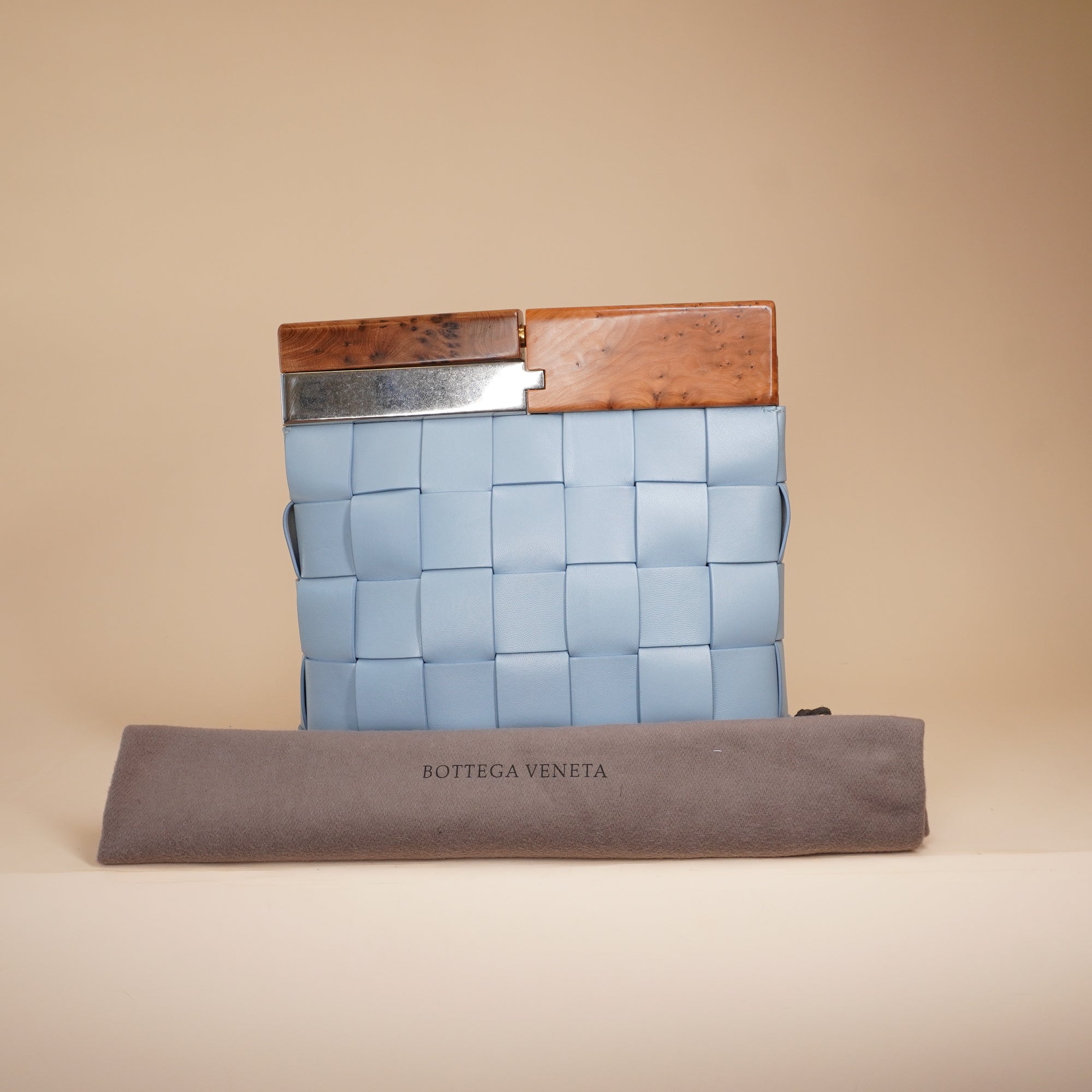 PRE-OWNED Light Blue Intrecciato Leather and Wood The Snap Clutch