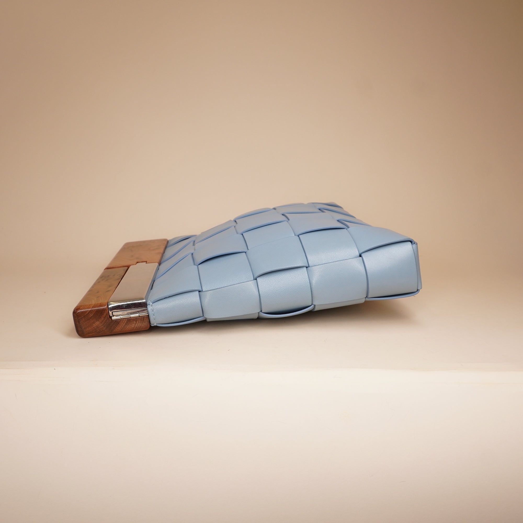 PRE-OWNED Light Blue Intrecciato Leather and Wood The Snap Clutch