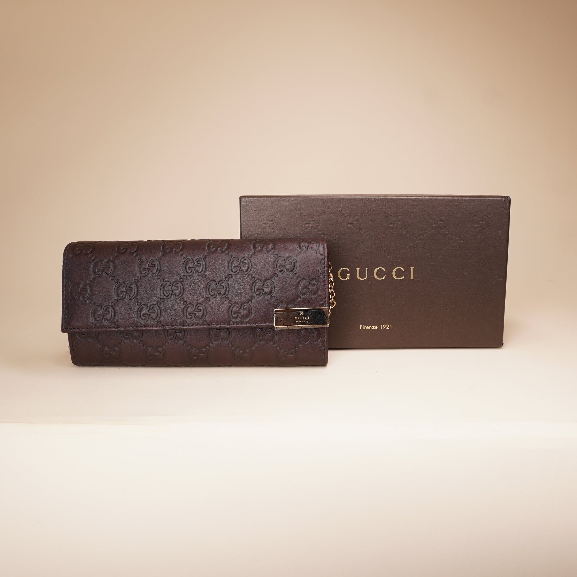 PRE-OWNED GG Brown Guccissima Wallet On Chain