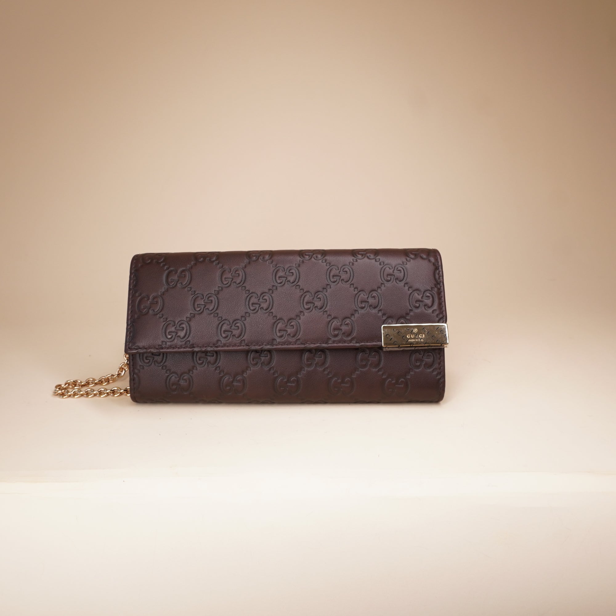 PRE-OWNED GG Brown Guccissima Wallet On Chain