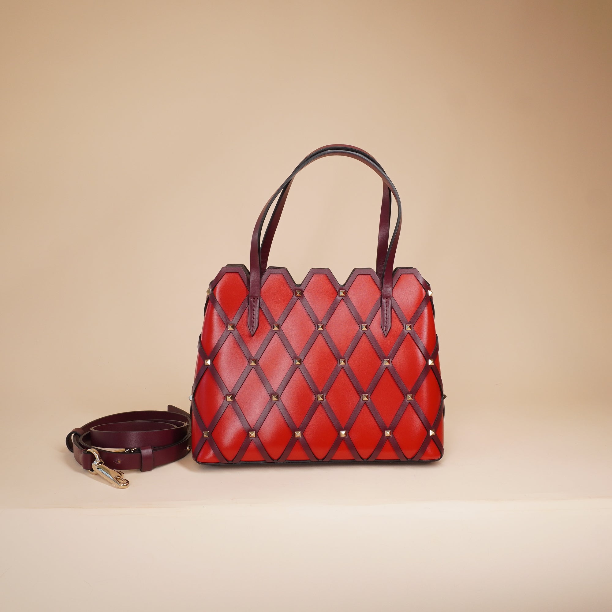 PRE-OWNED Red Leather Beehive Small Studded Tote