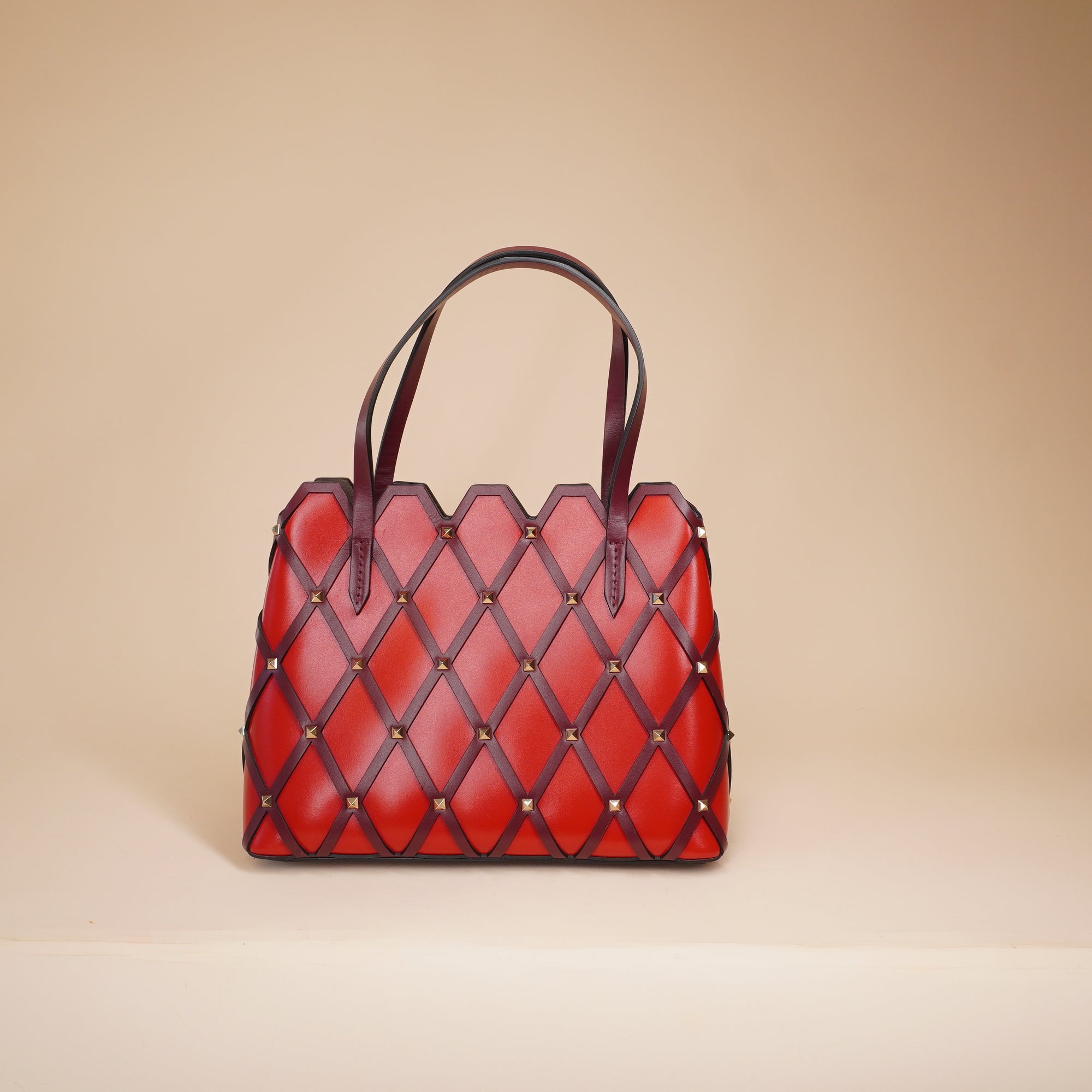 PRE-OWNED Red Leather Beehive Small Studded Tote