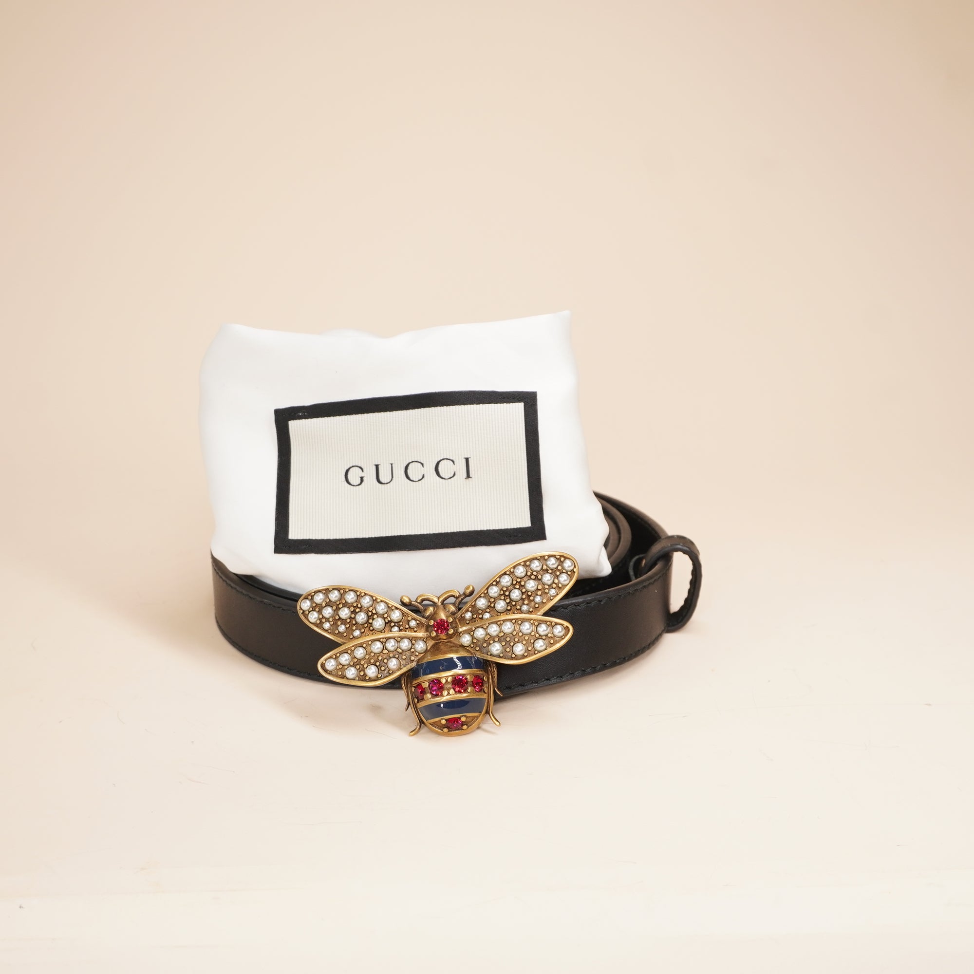 PRE-OWNED GG Black Leather Jewel Bee Belt 85 34