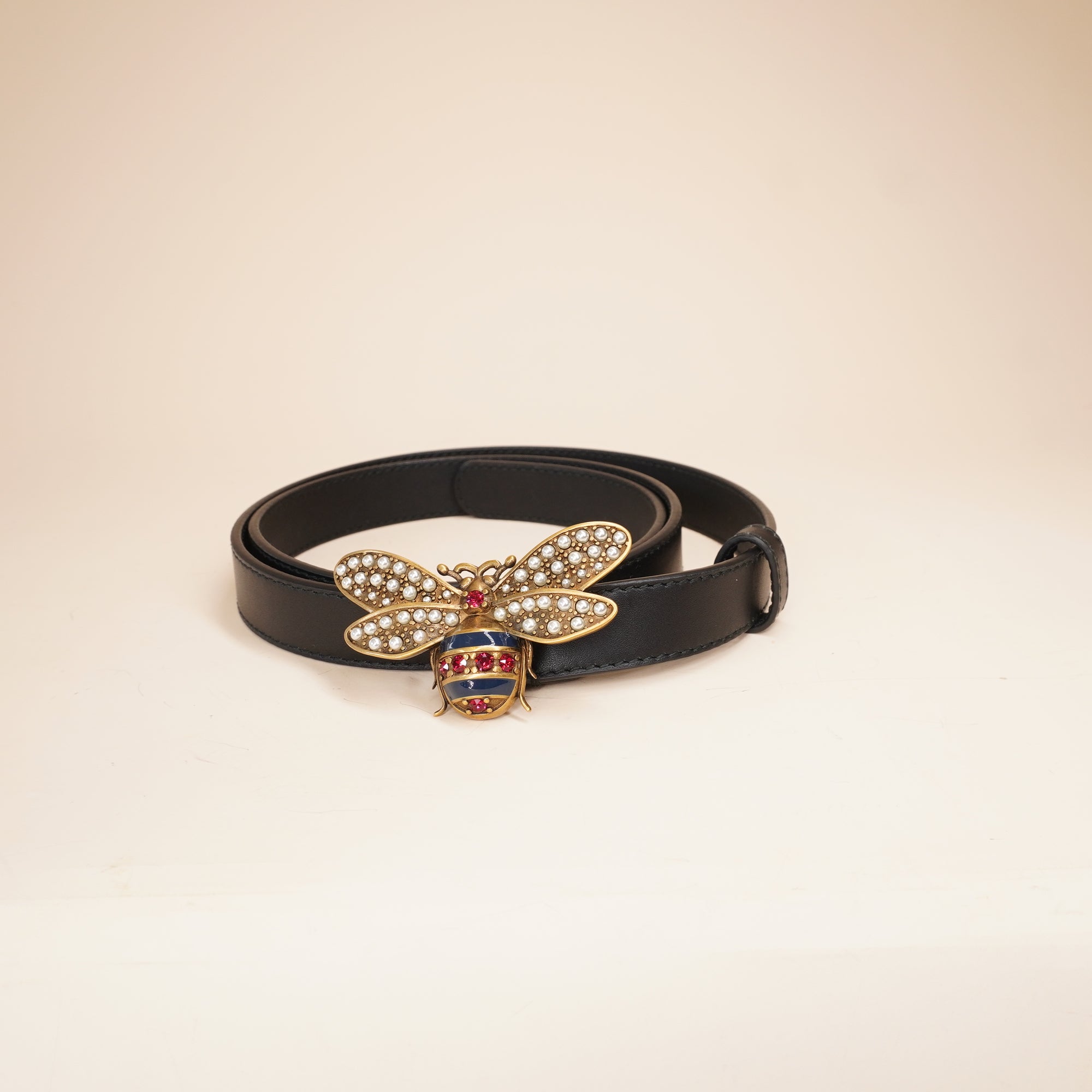 PRE-OWNED GG Black Leather Jewel Bee Belt 85 34