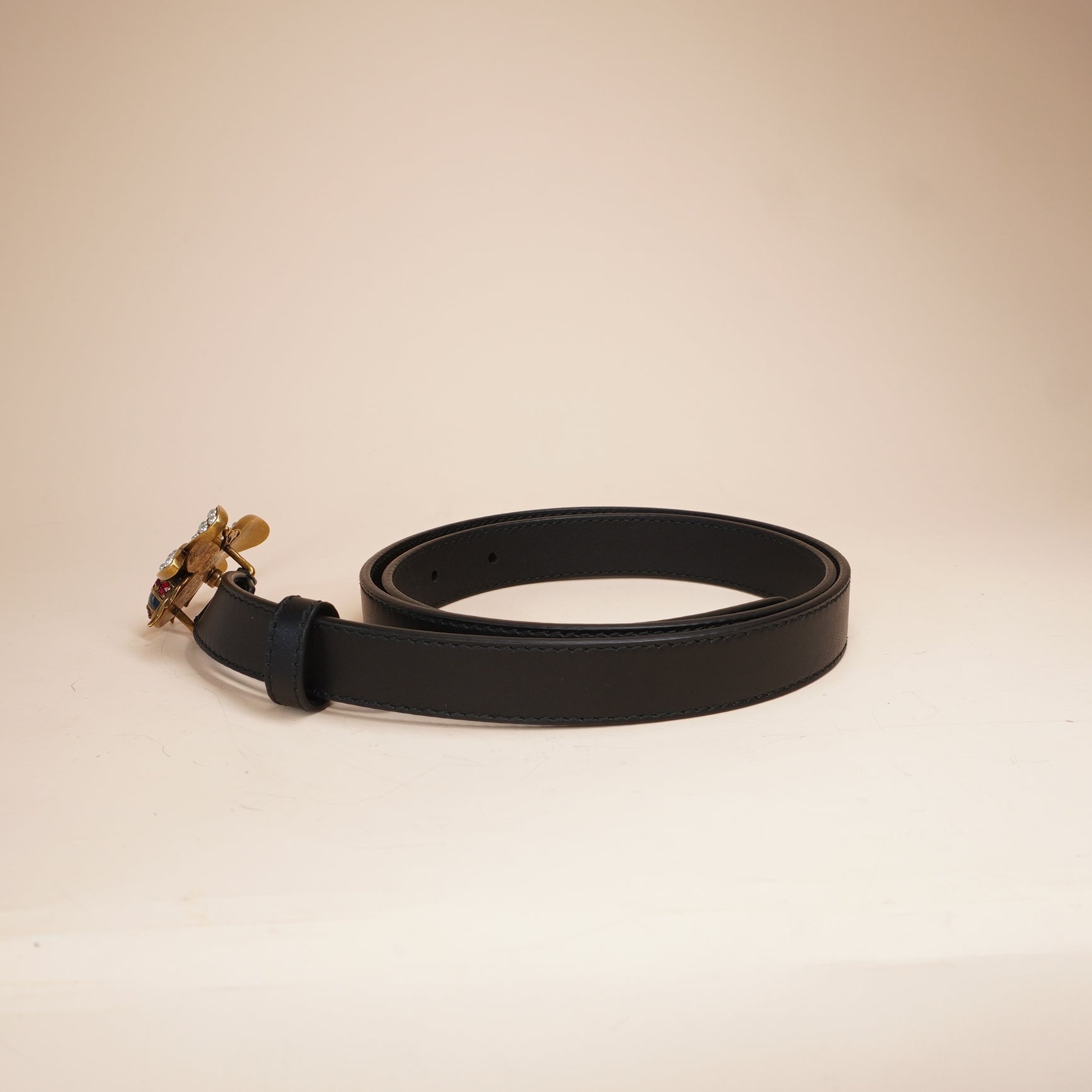 PRE-OWNED GG Black Leather Jewel Bee Belt 85 34
