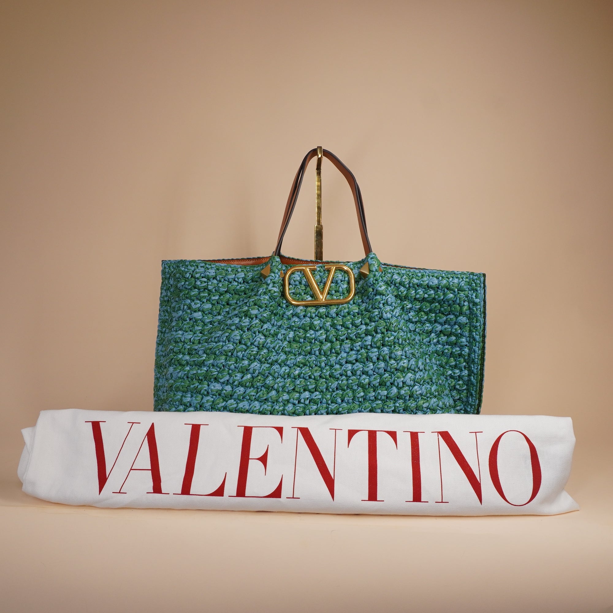 PRE-OWNED Vlogo Medium Raffia-Effect Tote Bag Green