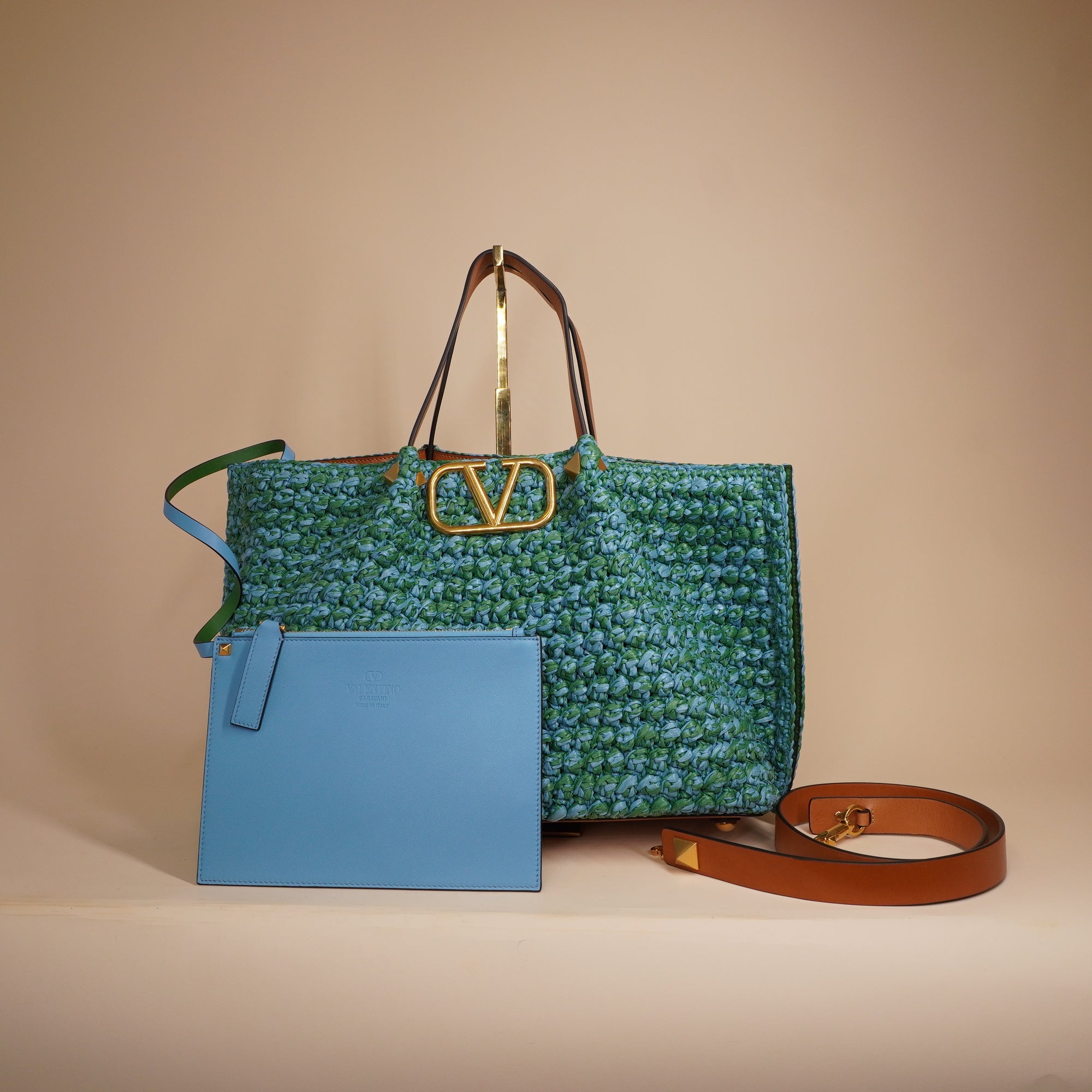 PRE-OWNED Vlogo Medium Raffia-Effect Tote Bag Green