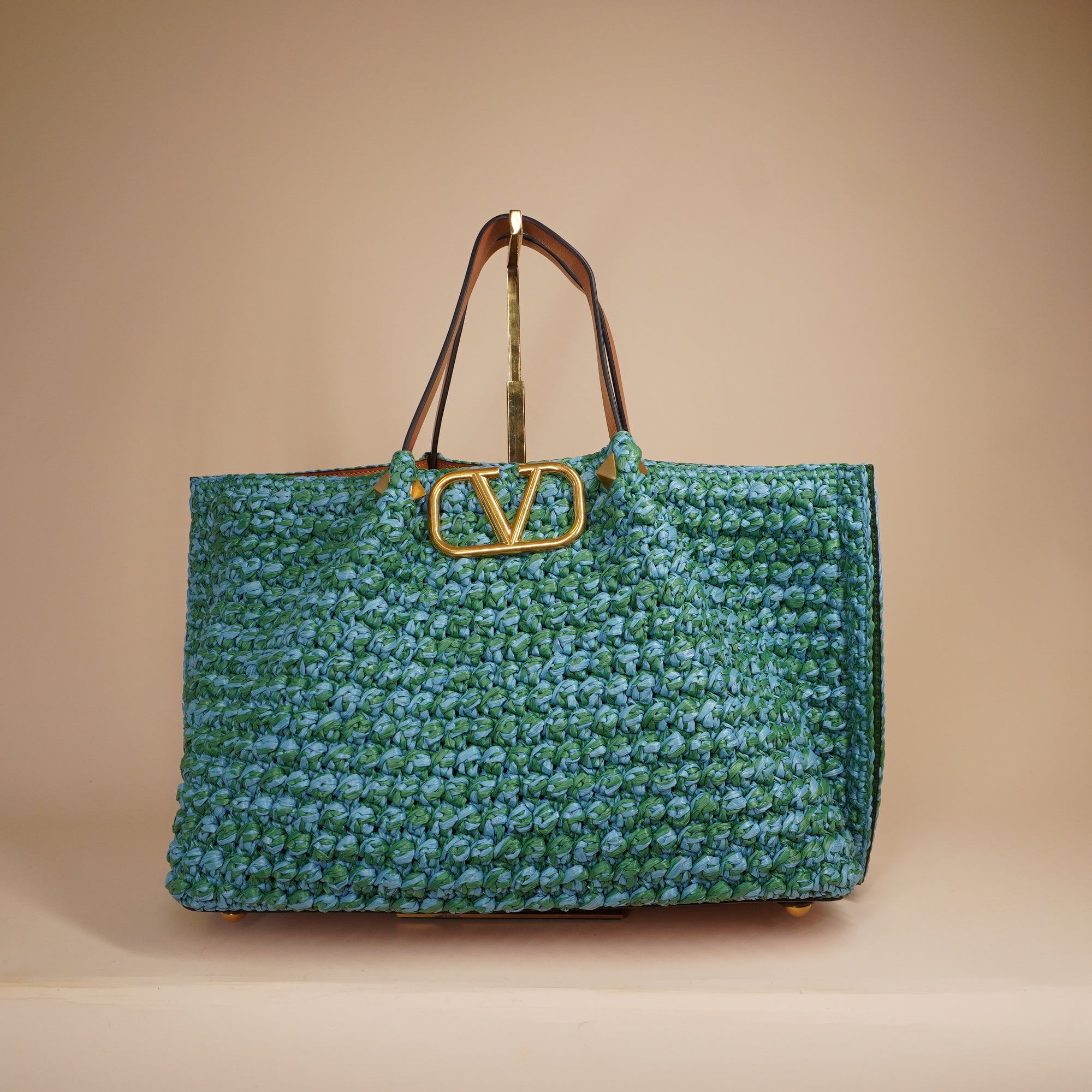 PRE-OWNED Vlogo Medium Raffia-Effect Tote Bag Green