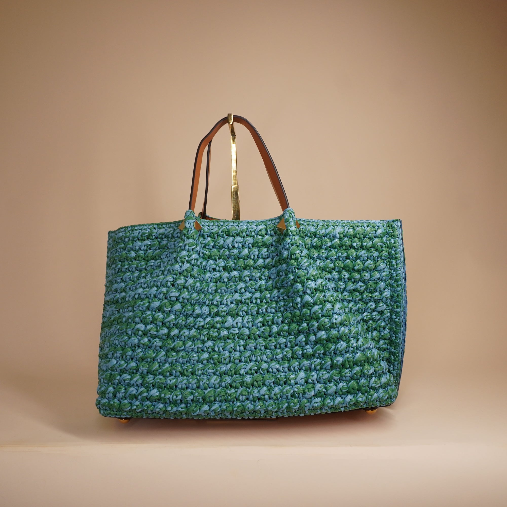 PRE-OWNED Vlogo Medium Raffia-Effect Tote Bag Green
