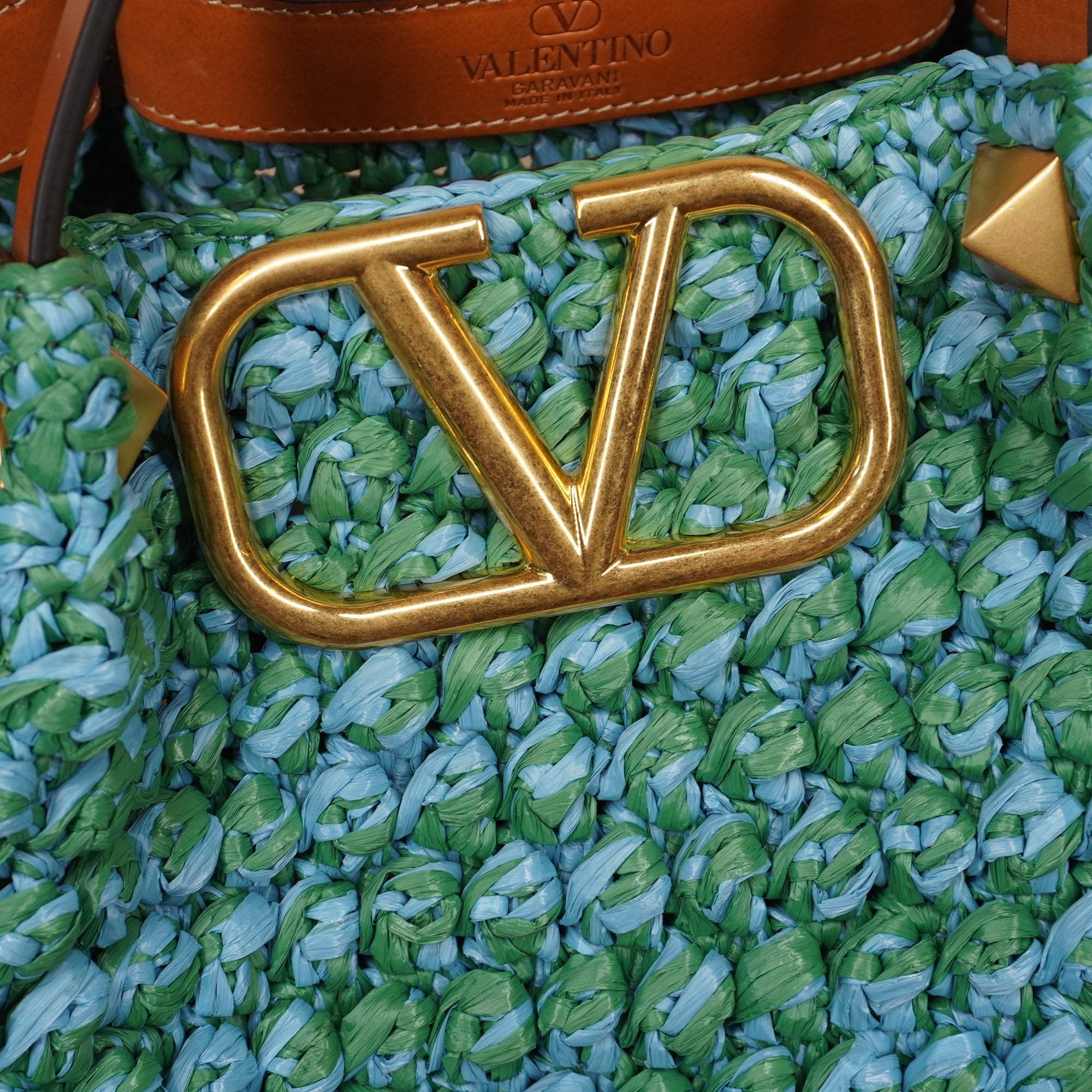 PRE-OWNED Vlogo Medium Raffia-Effect Tote Bag Green