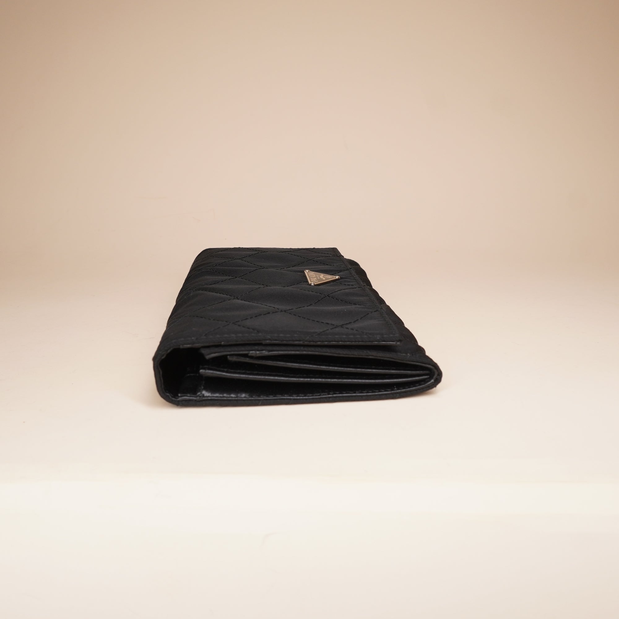 PRE-OWNED Long Wallet Nylon Quilted Triangle Logo Black