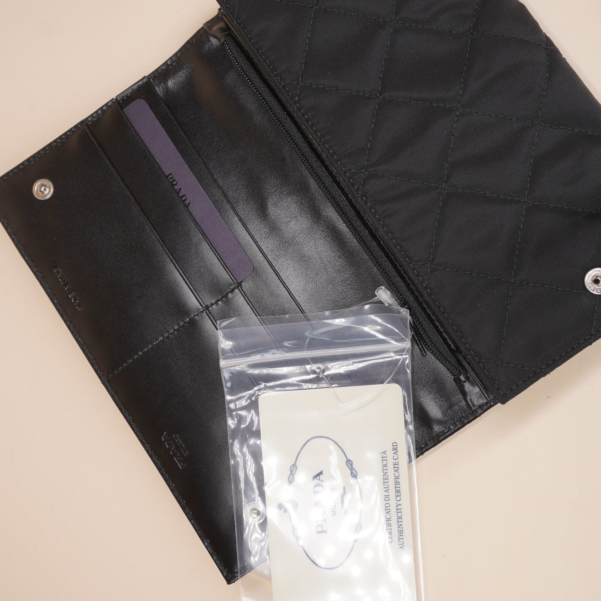 PRE-OWNED Long Wallet Nylon Quilted Triangle Logo Black