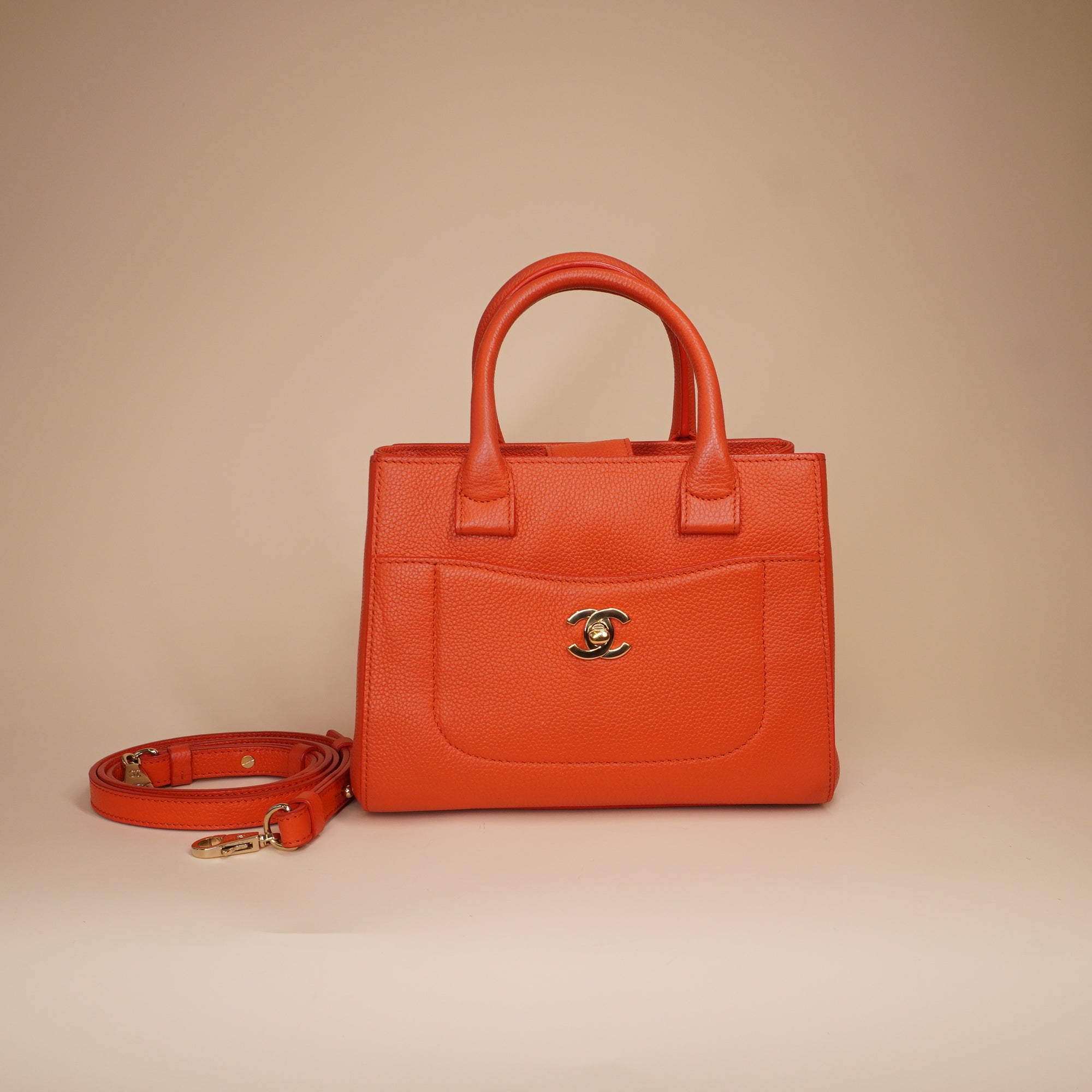 PRE-OWNED CC Grained Calfskin Mini Neo Executive Shopper Tote Orange