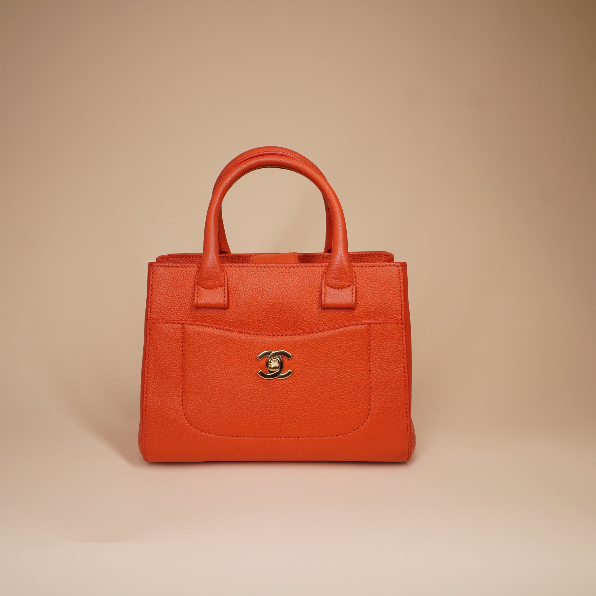 PRE-OWNED CC Grained Calfskin Mini Neo Executive Shopper Tote Orange