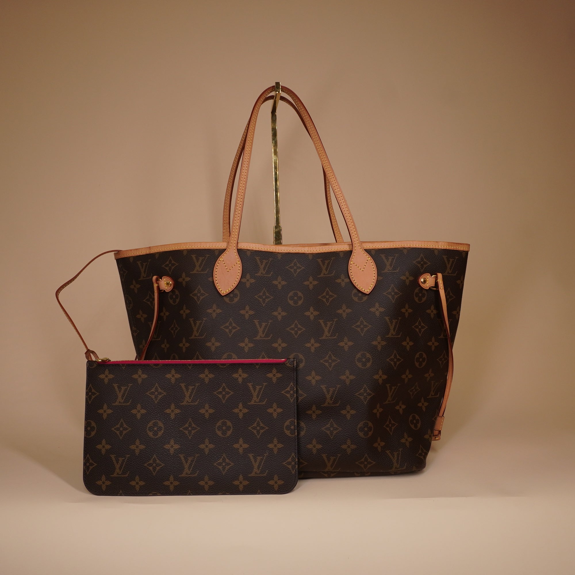 PRE-OWNED LV Neverfull Monogram MM Pivoine Tote with Pouch