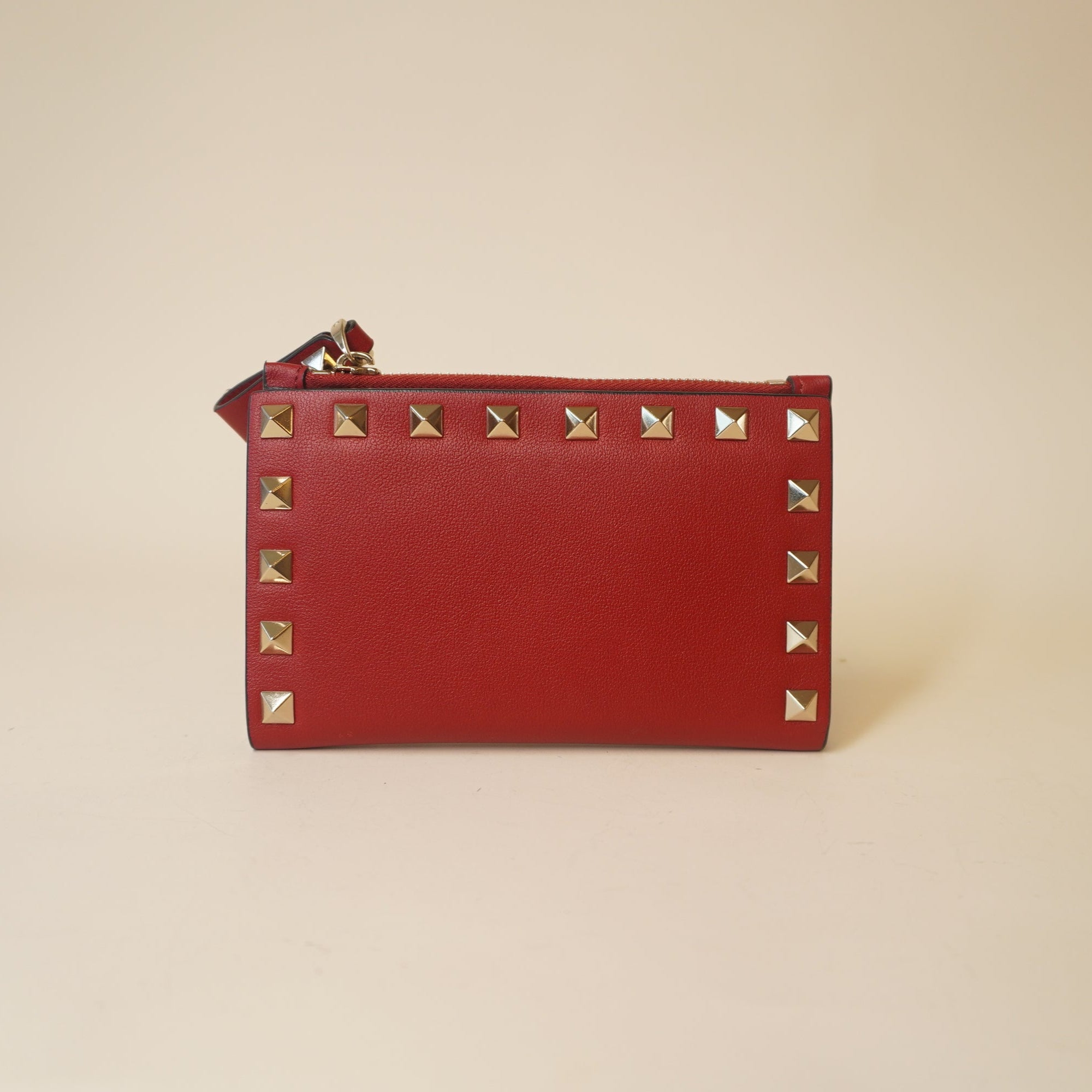 PRE-OWNED Calfskin Rockstud Short Wallet Red