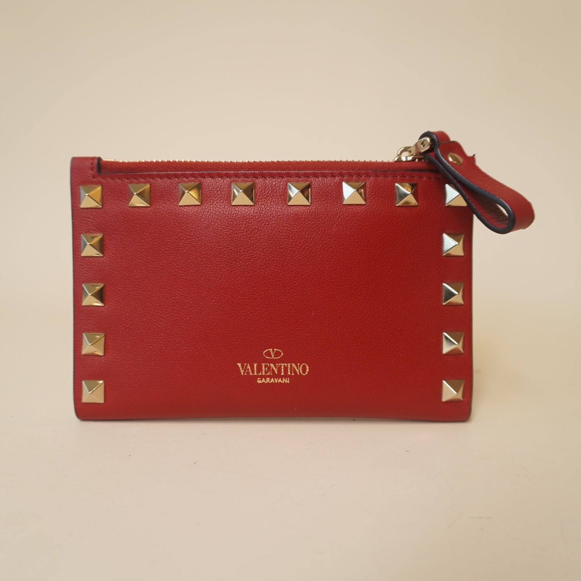 PRE-OWNED Calfskin Rockstud Short Wallet Red