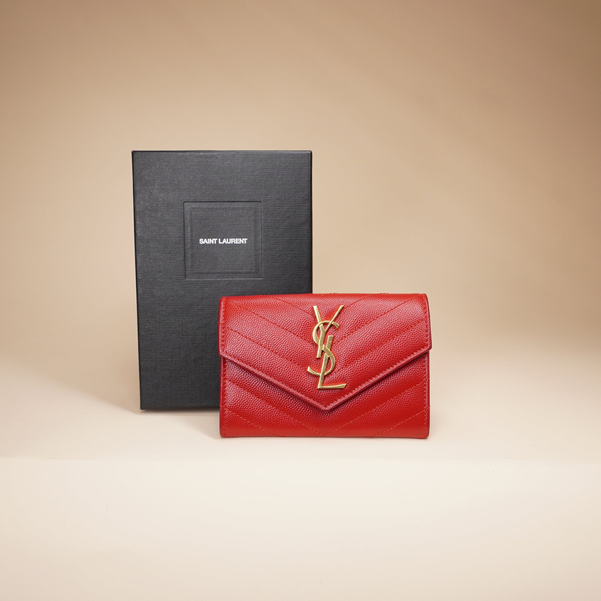 PRE-OWNED Grain De Poudre Matelasse Chevron Small Monogram Envelope Wallet Opyum Red