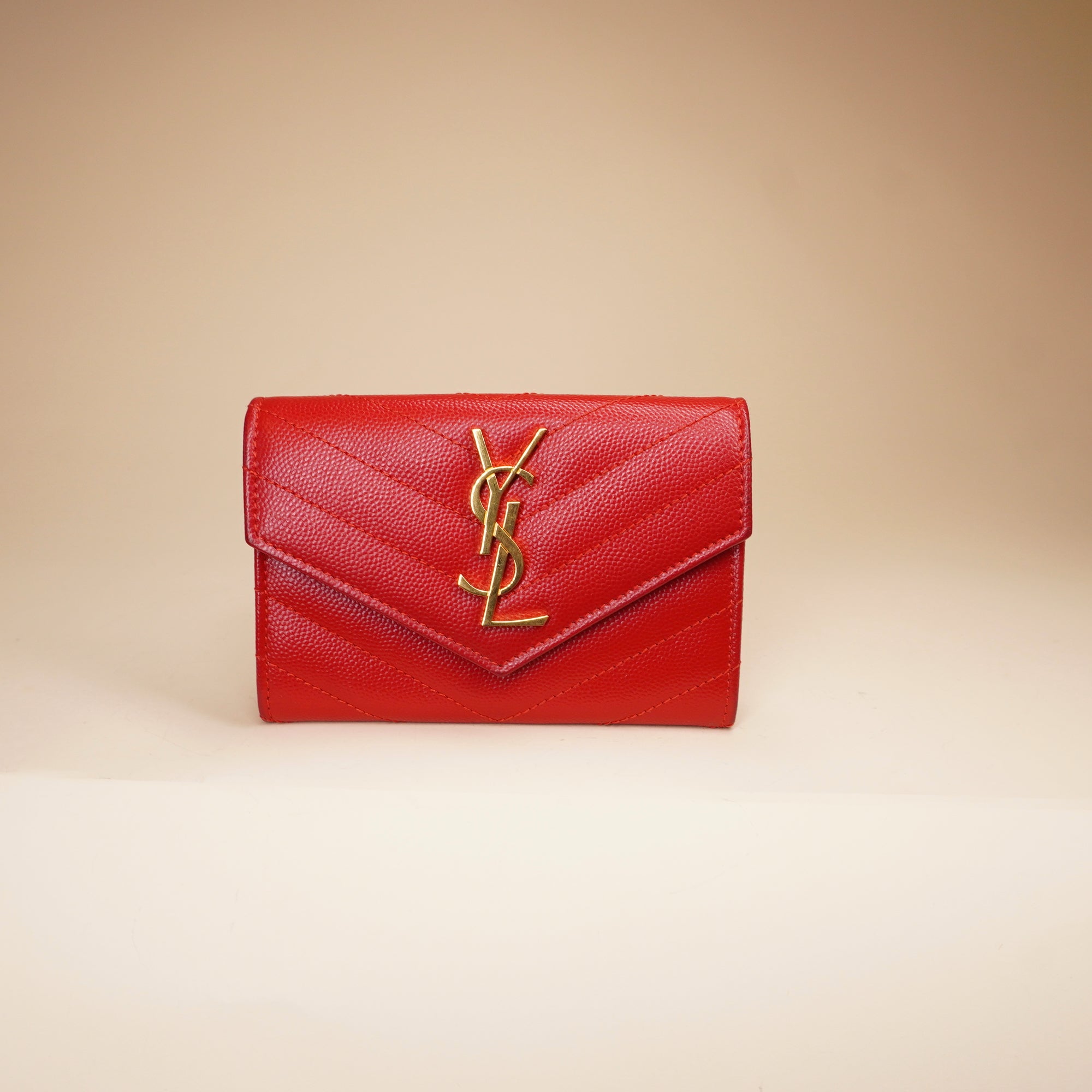 PRE-OWNED Grain De Poudre Matelasse Chevron Small Monogram Envelope Wallet Opyum Red