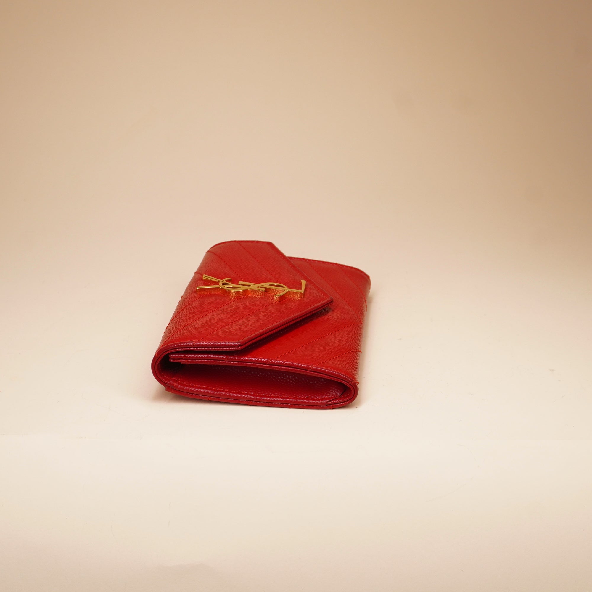 PRE-OWNED Grain De Poudre Matelasse Chevron Small Monogram Envelope Wallet Opyum Red