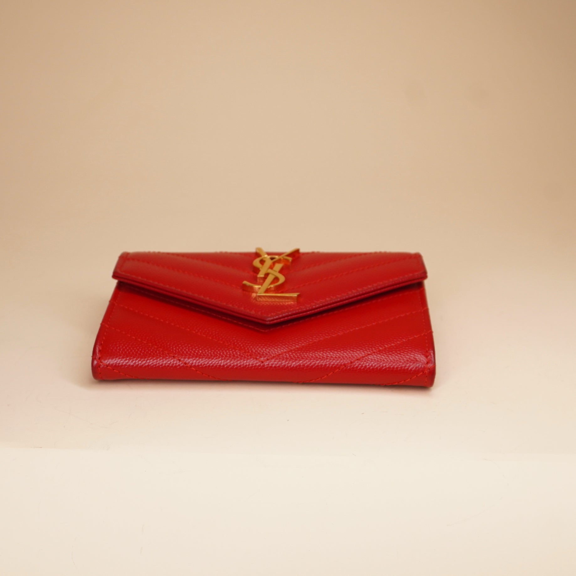 PRE-OWNED Grain De Poudre Matelasse Chevron Small Monogram Envelope Wallet Opyum Red