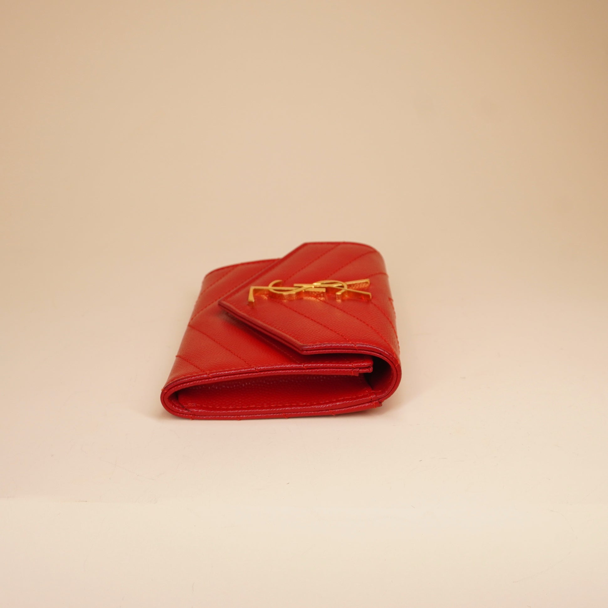 PRE-OWNED Grain De Poudre Matelasse Chevron Small Monogram Envelope Wallet Opyum Red
