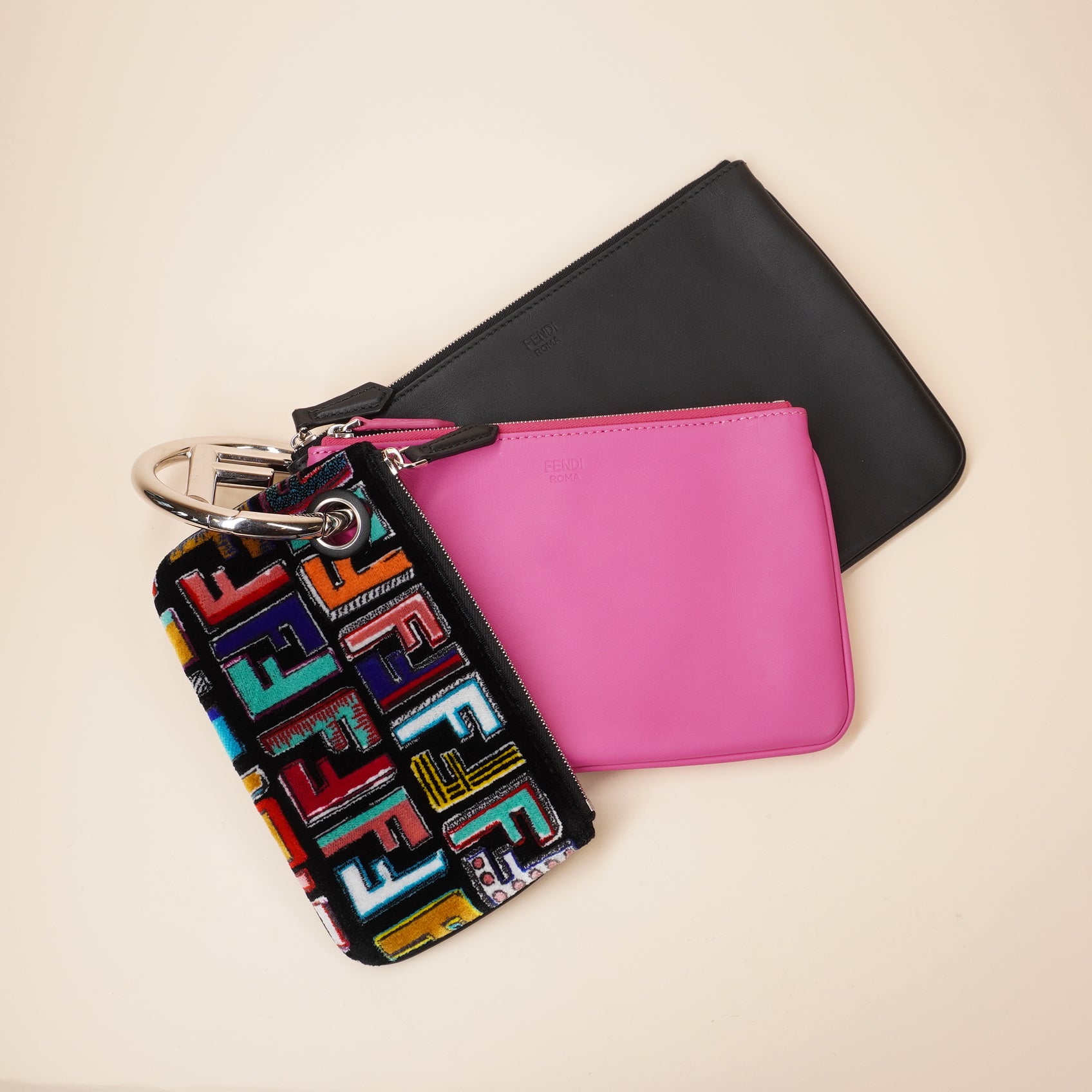 PRE-OWNED FF Triplette Pouch Set Calfskin with Zucca Velvet