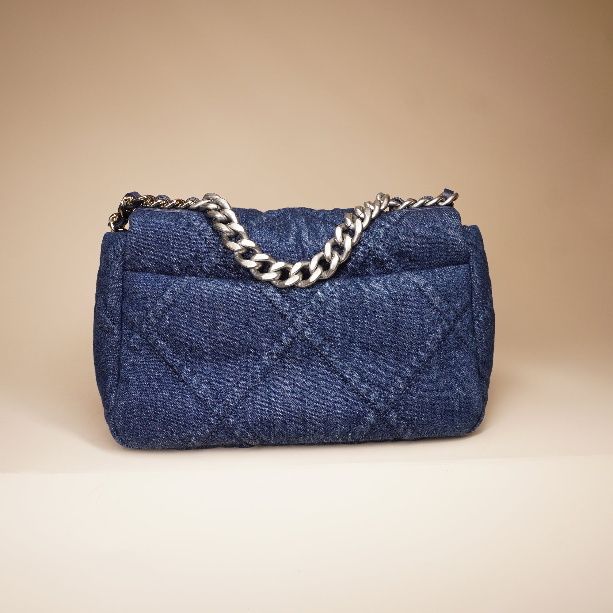 PRE-OWNED CC 19 Flap Bag Quilted Denim Medium Shoulder Bag