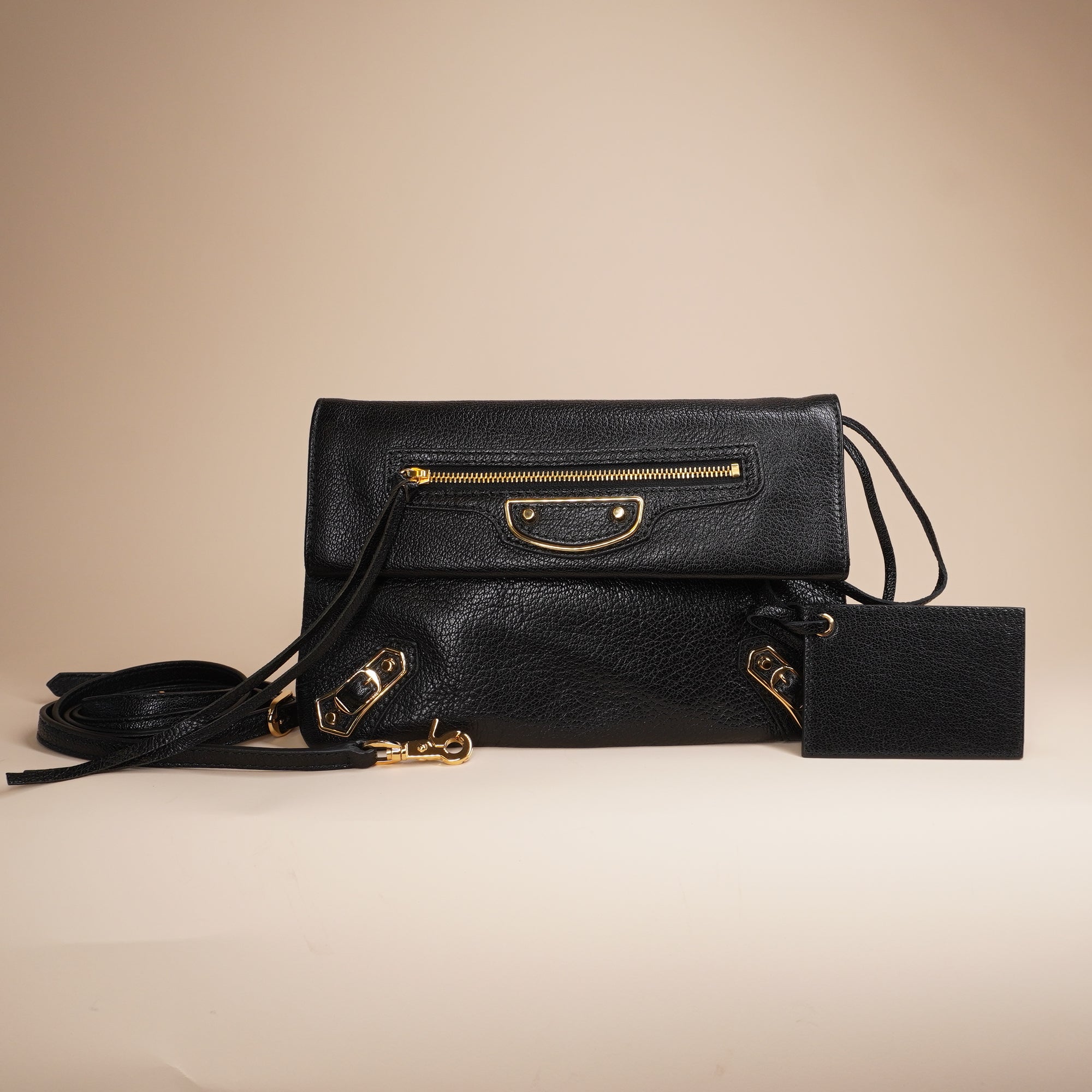 PRE-OWNED Chevre Gold Metallic Edge Hardware Envelope Clutch Black